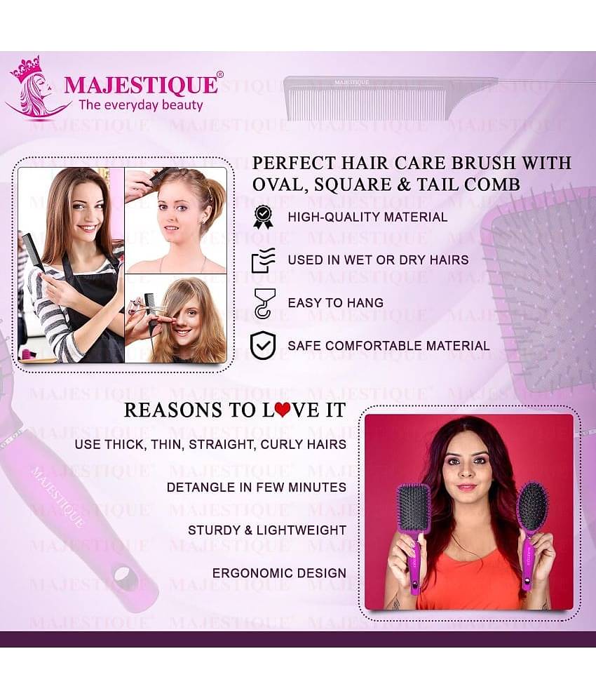 Majestique Paddle Straightener Brush with Tail Comb, Detangler Brush Sleek and Shine Finisher - 3Pcs