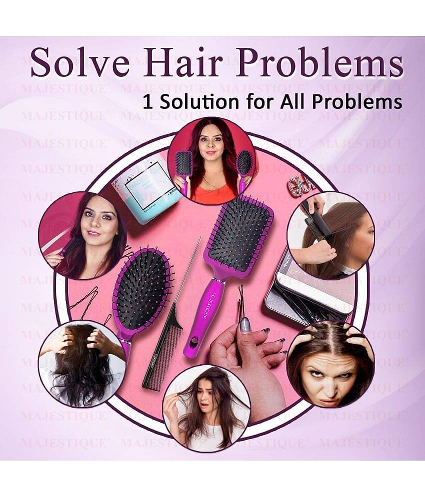 Majestique Paddle Straightener Brush with Tail Comb, Detangler Brush Sleek and Shine Finisher - 3Pcs