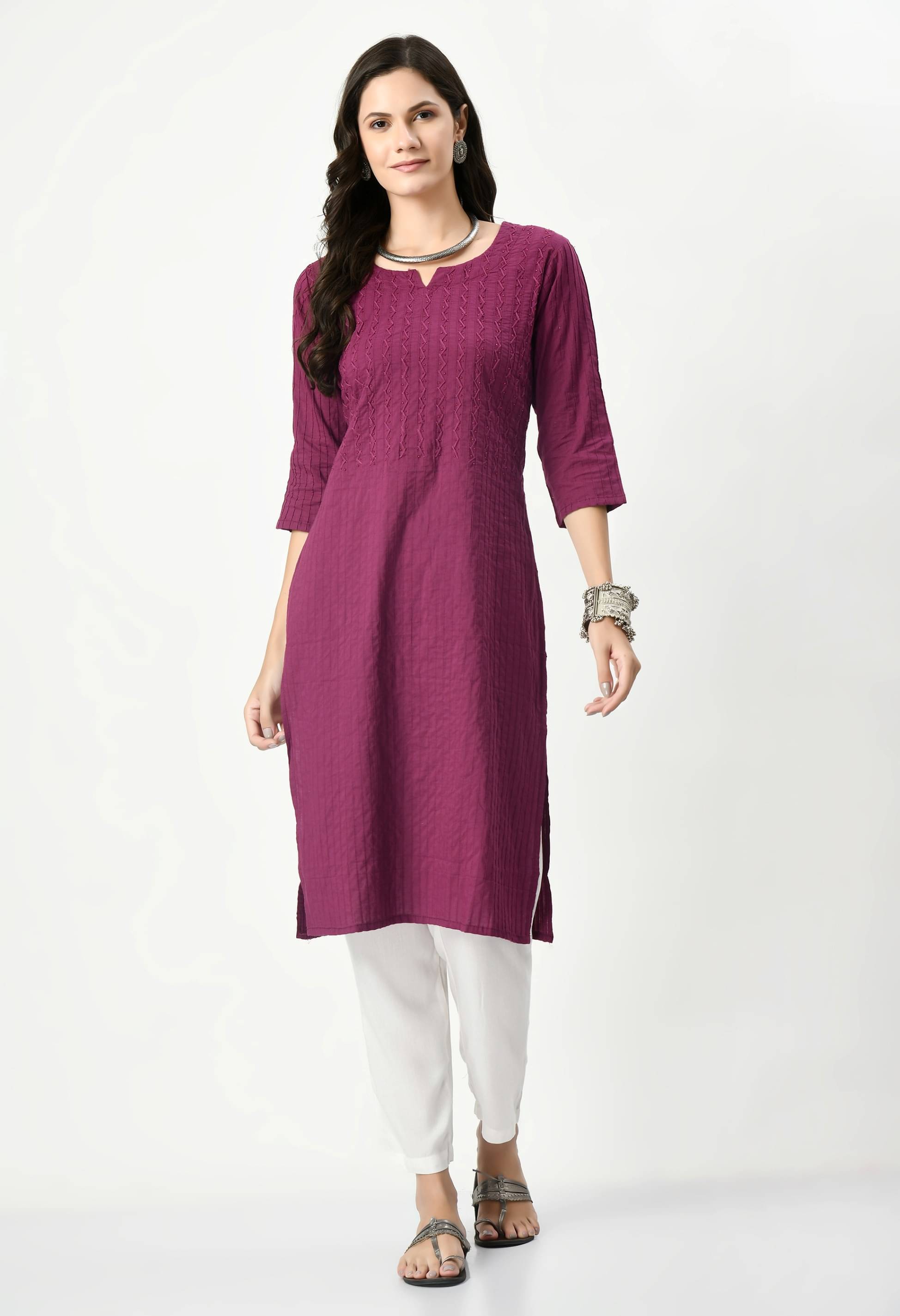 MAURYA 100% Cotton Embroidered Straight Women's Kurti - Purple ( Pack of 1 )     			MAURYA 100% Cotton Embroidered Straight Women's Kurti - Purple ( Pack of 1 )