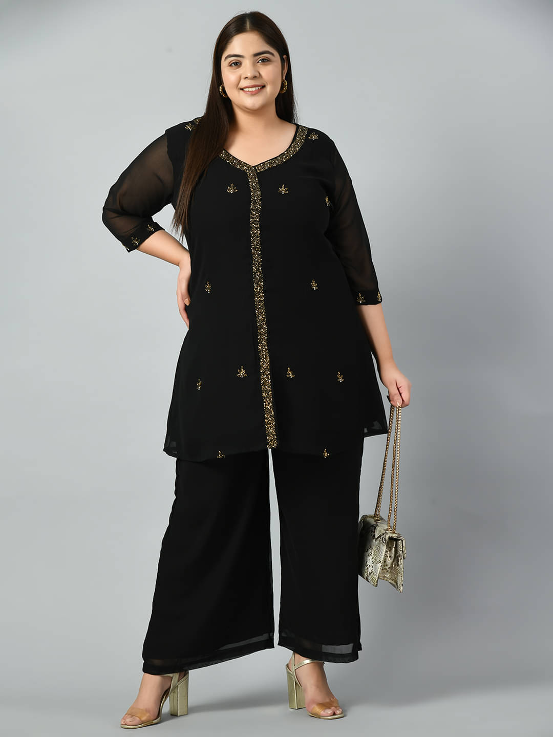    			PrettyPlus by Desinoor.com Georgette Embroidered Kurti With Palazzo Women's Stitched Salwar Suit - Black ( Pack of 1 )