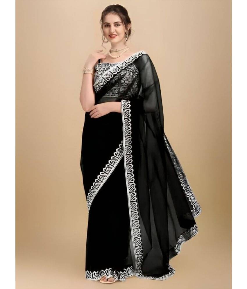 Awesome Net Embroidered Saree With Unstitched Blouse Piece ( Black ) Awesome Net Embroidered Saree With Unstitched Blouse Piece ( Black )