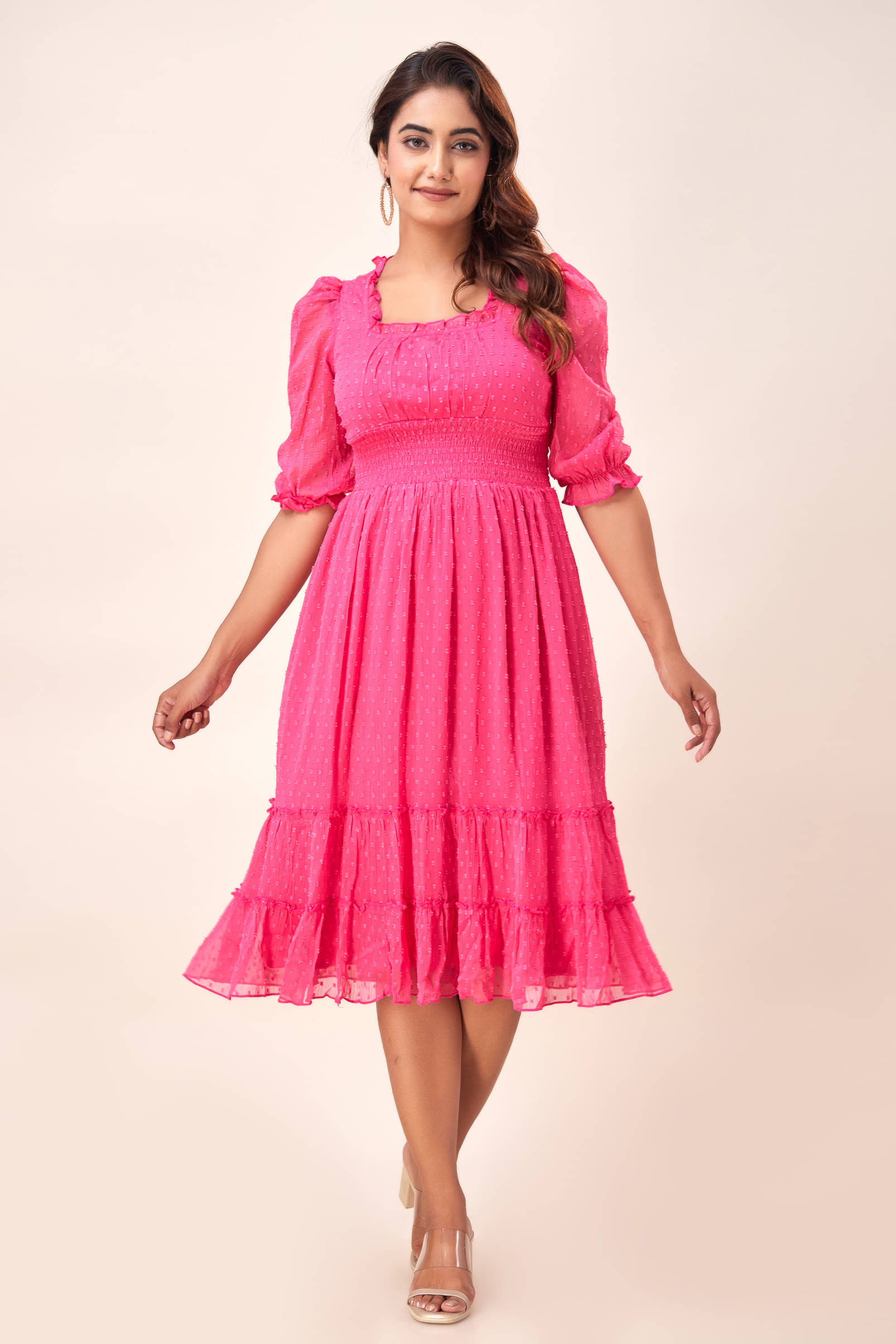 SVARCHI Women Chiffon Embroidered Fit & Flare Dress ( Pink ) SVARCHI Women Chiffon Embroidered Fit & Flare Dress ( Pink )