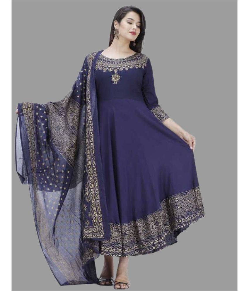 Smien Rayon Printed Anarkali Women's Kurti - Blue ( Pack of 1 ) Smien Rayon Printed Anarkali Women's Kurti - Blue ( Pack of 1 )
