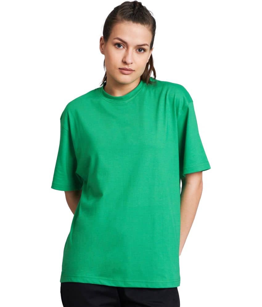 Trond Women Cotton Blend Printed Oversized Fit Round Neck T-Shirt ( Green )