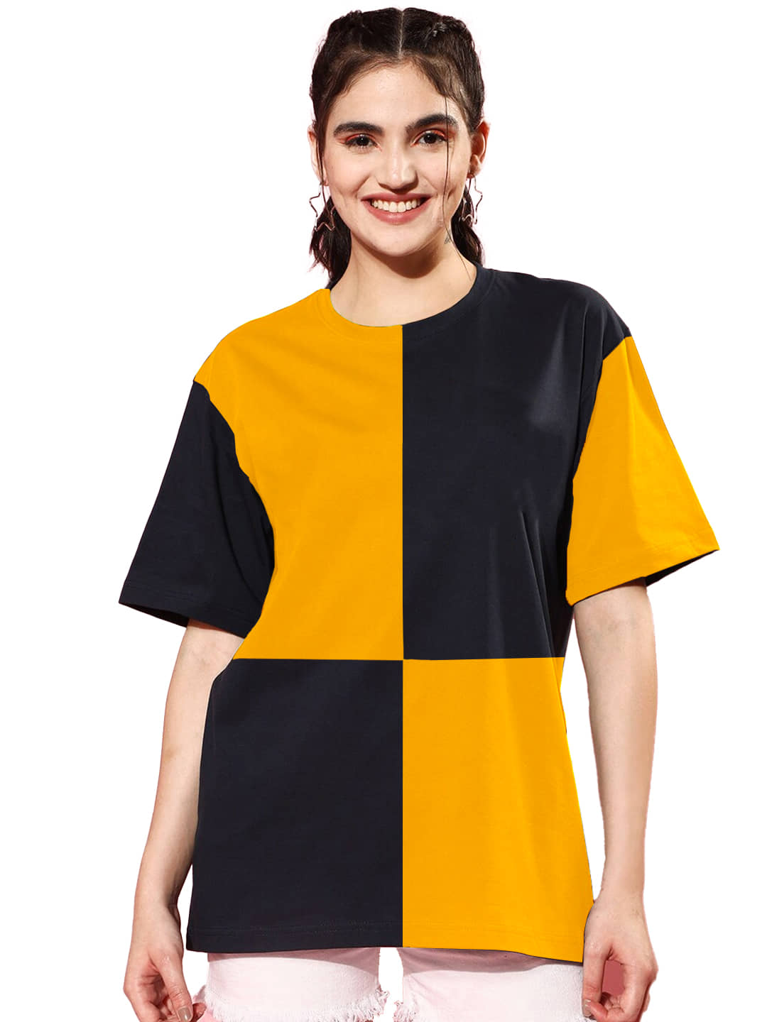 Trond Women Cotton Blend Colorblock Oversized Fit Round Neck T-Shirt ( Yellow )