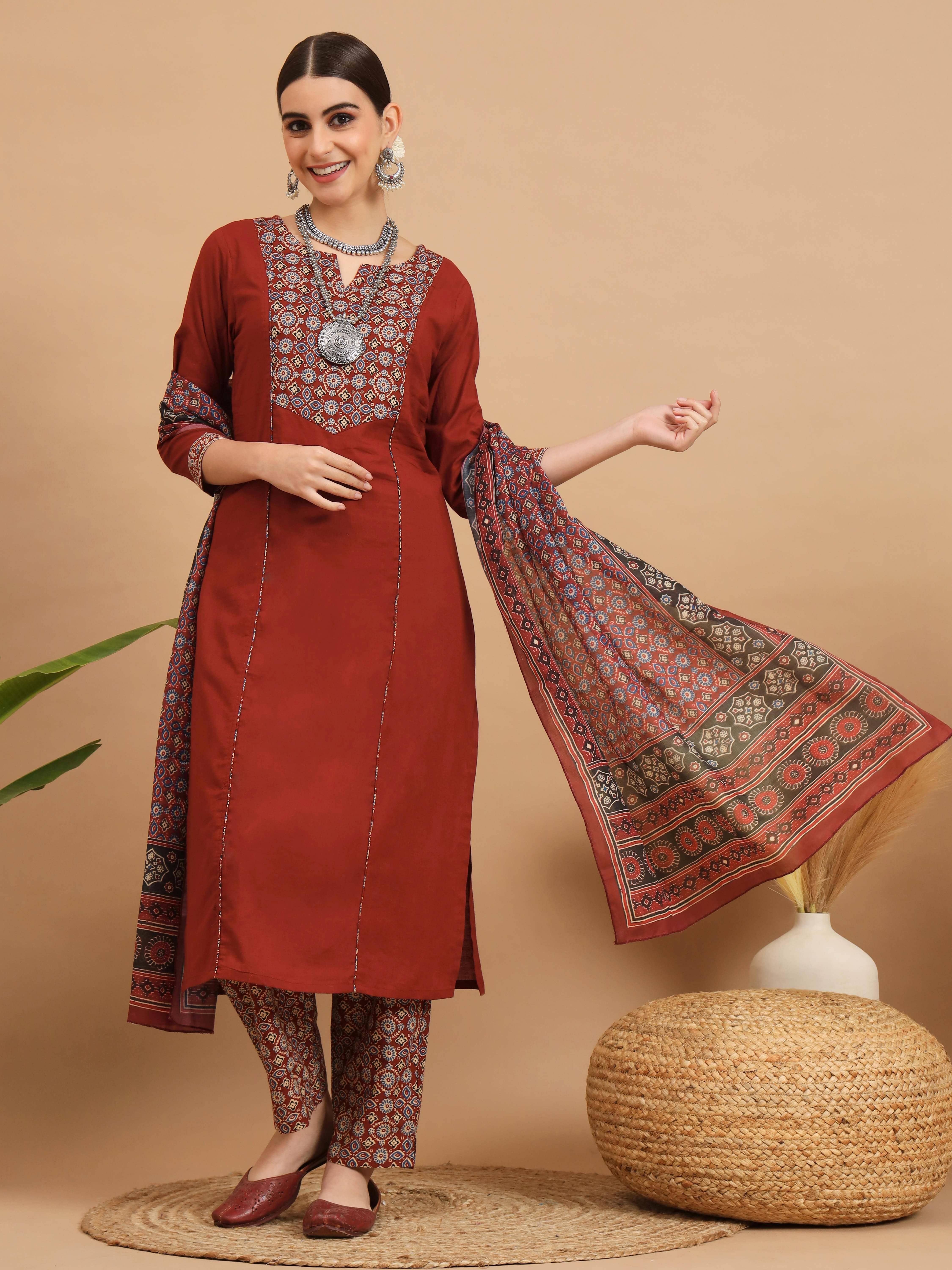 Vbuyz Cotton Printed Kurti With Pants Women's Stitched Salwar Suit - Maroon ( Pack of 1 )