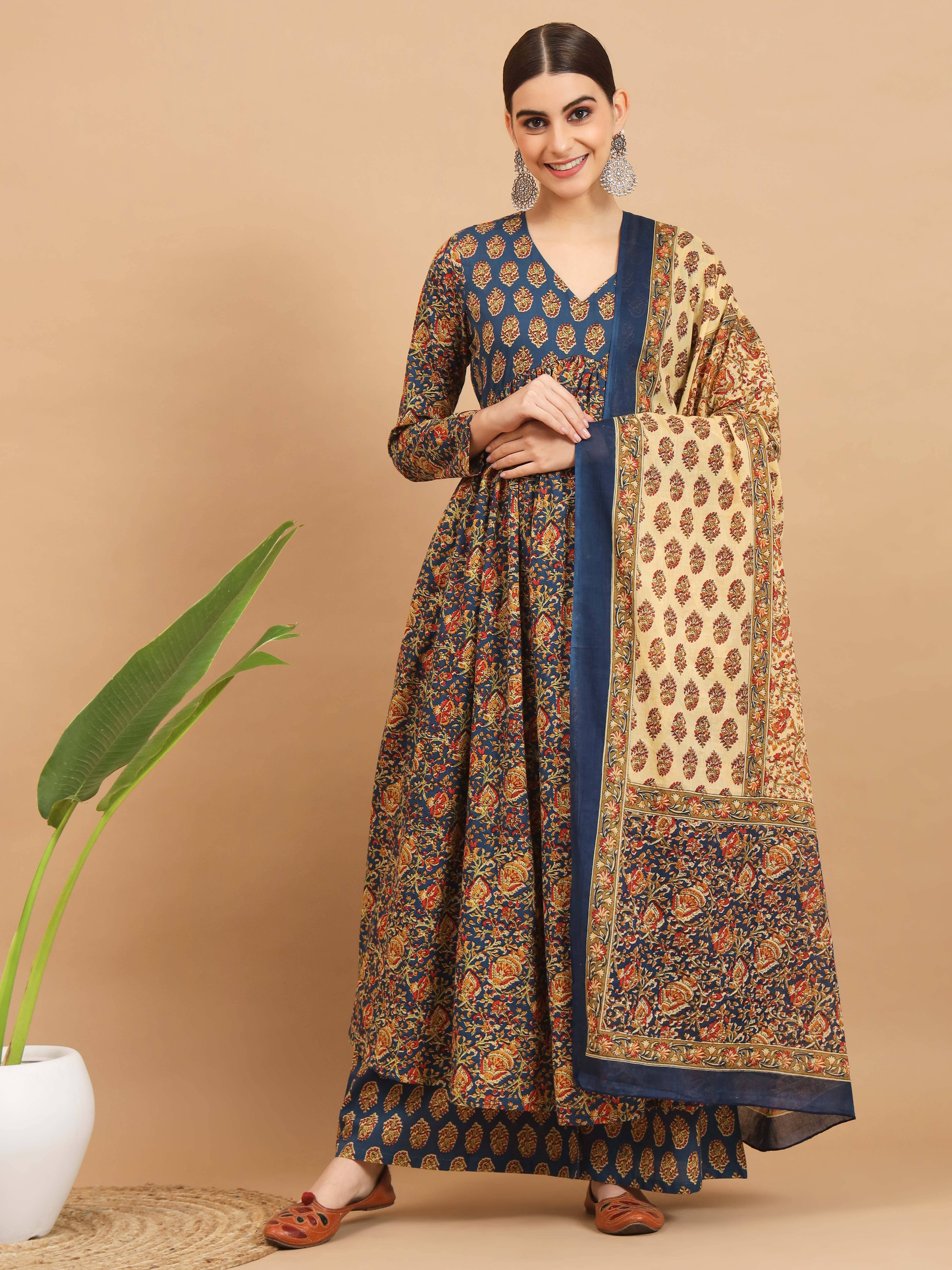 Vbuyz Cotton Printed Kurti With Pants Women's Stitched Salwar Suit - Turquoise ( Pack of 1 )
