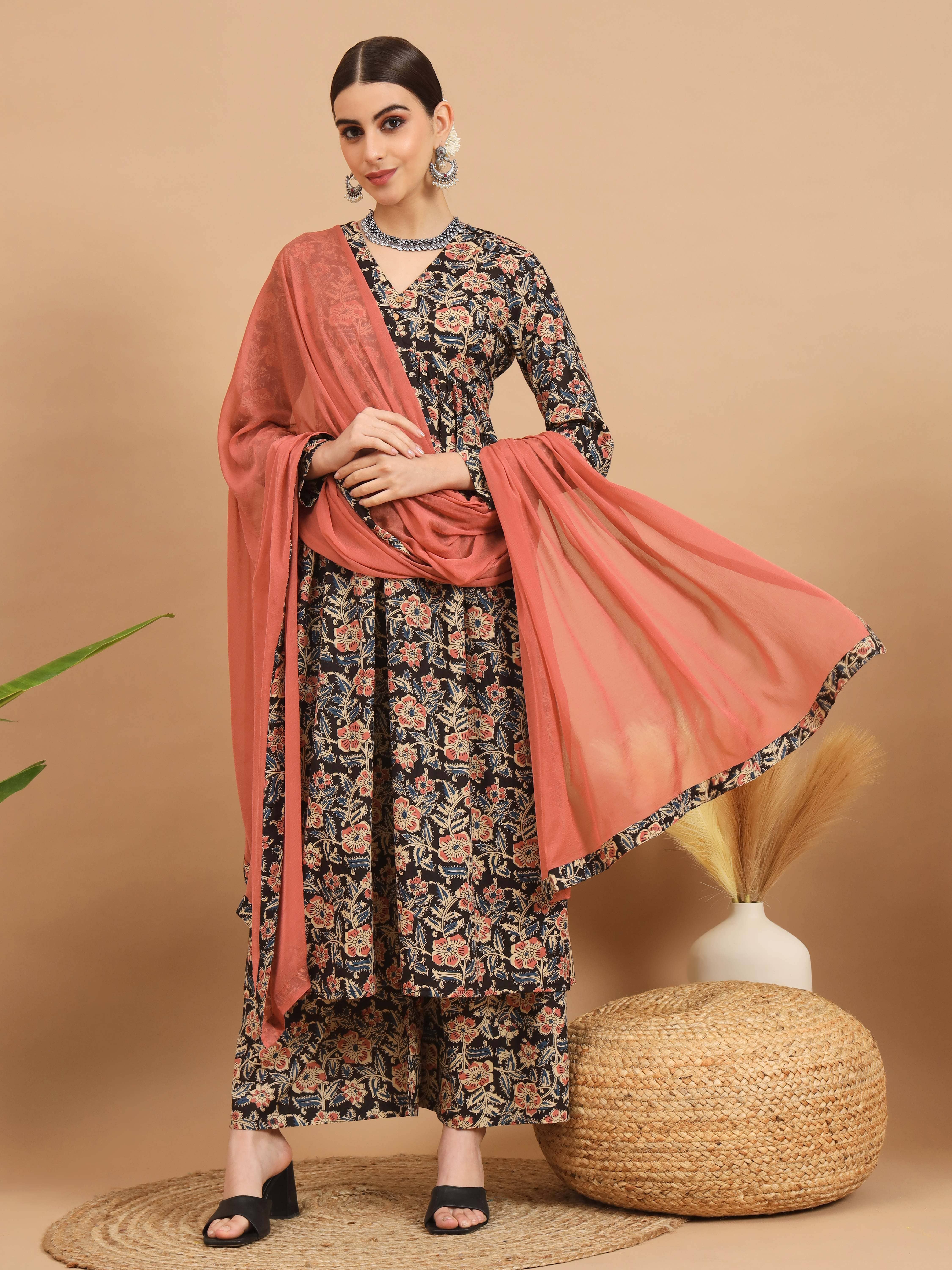Vbuyz Cotton Printed Kurti With Pants Women's Stitched Salwar Suit - Black ( Pack of 1 )