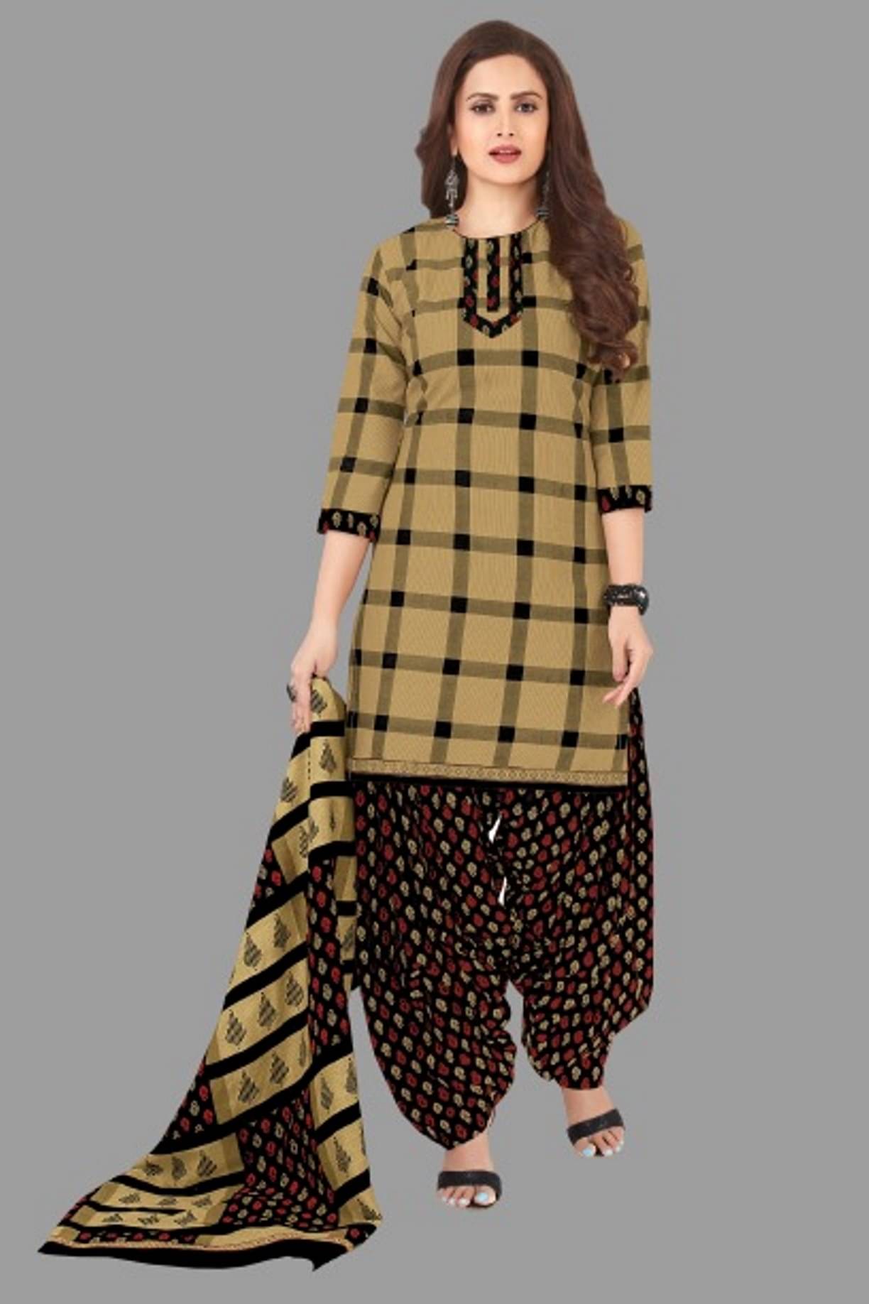     			shree jeenmata collection Cotton Printed Kurti With Patiala Women's Stitched Salwar Suit - Brown ( Pack of 1 )