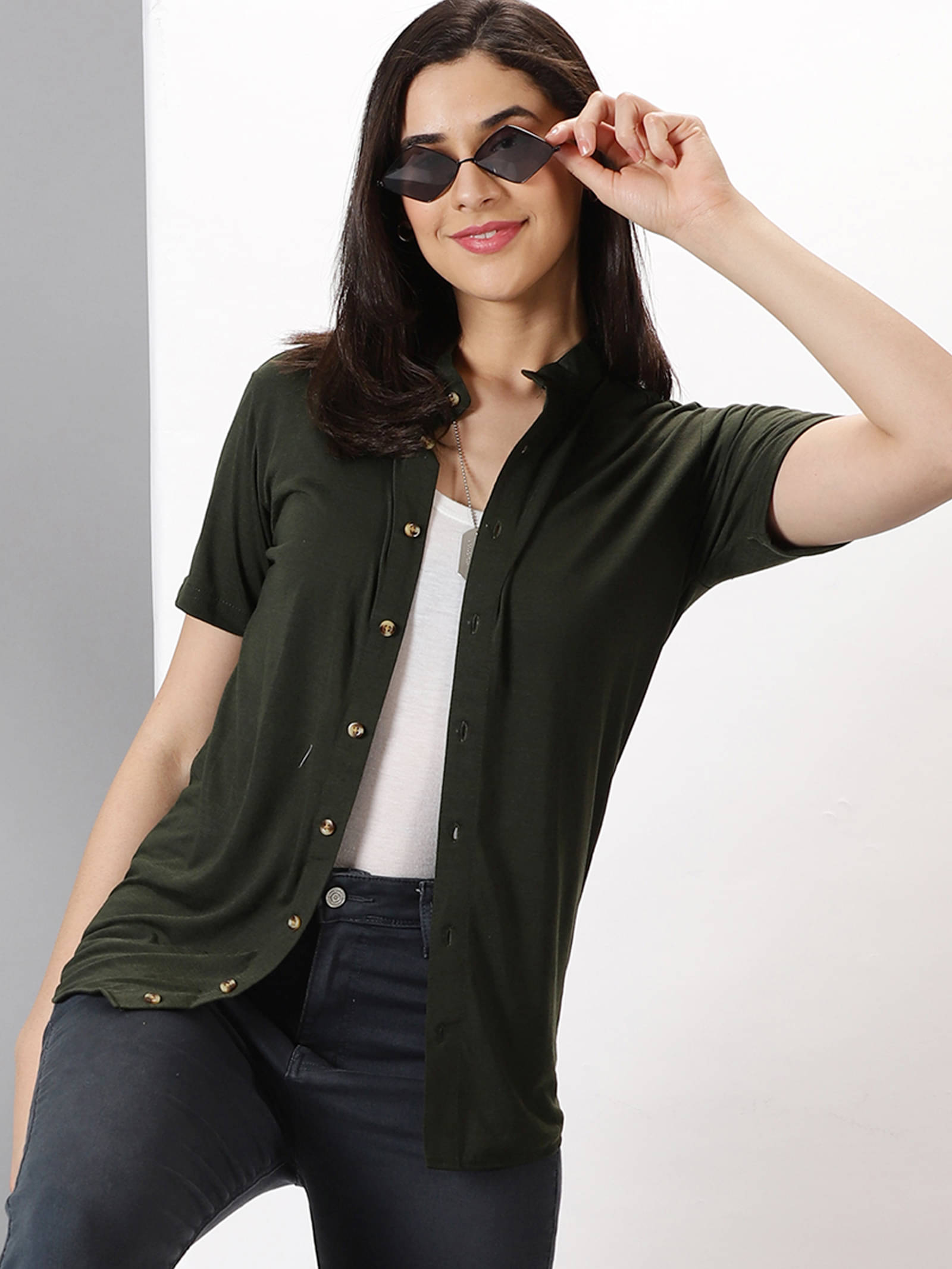    			GESPO Women Solid Cotton Blend Shirt ( Olive )