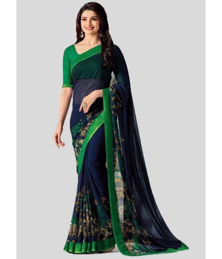     			Gazal Fashions Georgette Printed Saree With Unstitched Blouse Piece ( Navy Blue )