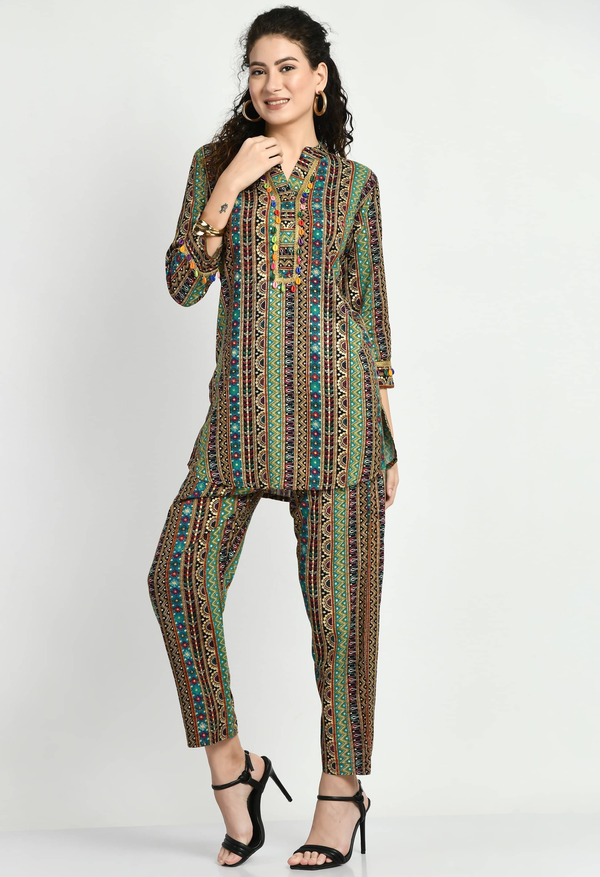     			MAURYA Women Striped Shirt With Palazzos Co-Ord Set ( Green )