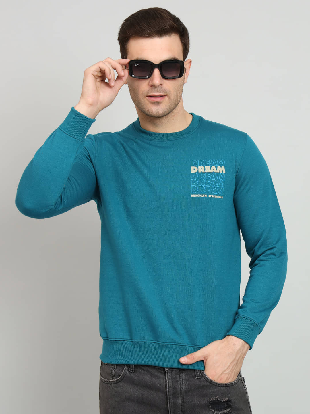OGEN Cotton Blend Round Neck Men's Sweatshirt - Teal ( Pack of 1 )