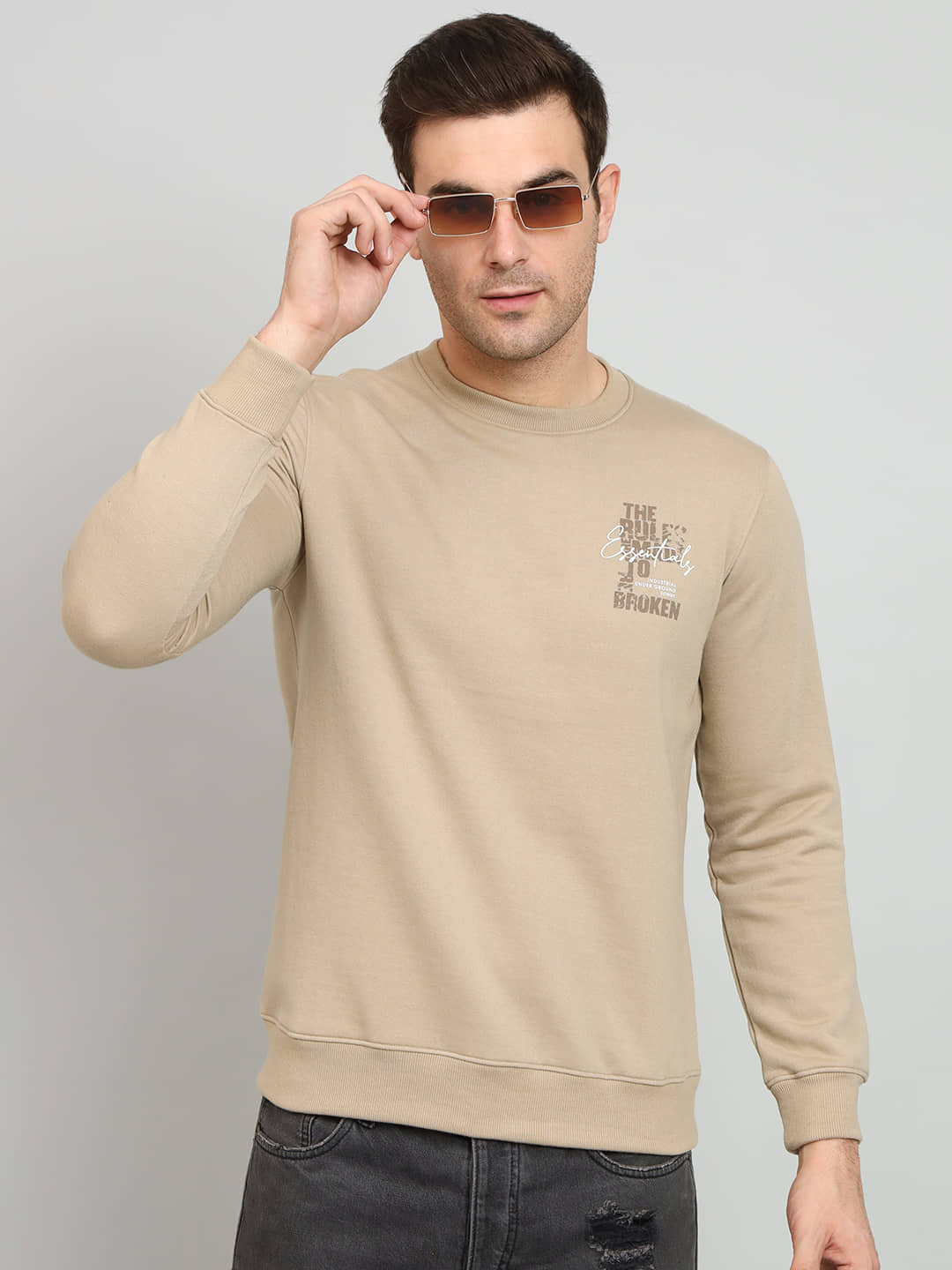 OGEN Cotton Blend Round Neck Men's Sweatshirt - Beige ( Pack of 1 )