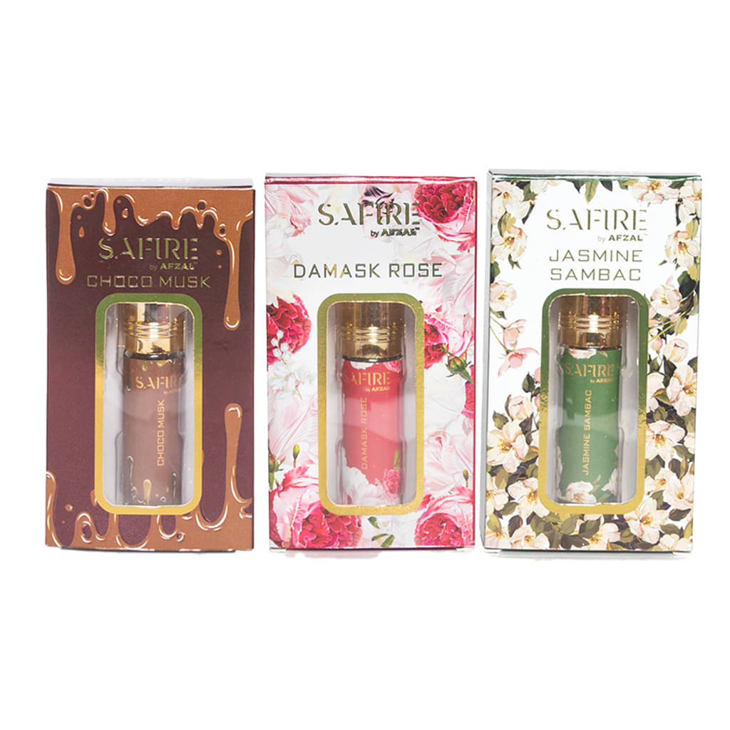     			SAFIRE CHOCO MUSK, DAMASK ROSE & JASMINE SAMBAC ATTAR (COMBO PACK 6ML*3) ROLL-ON PERFUME OIL FOR MEN AND WOMEN