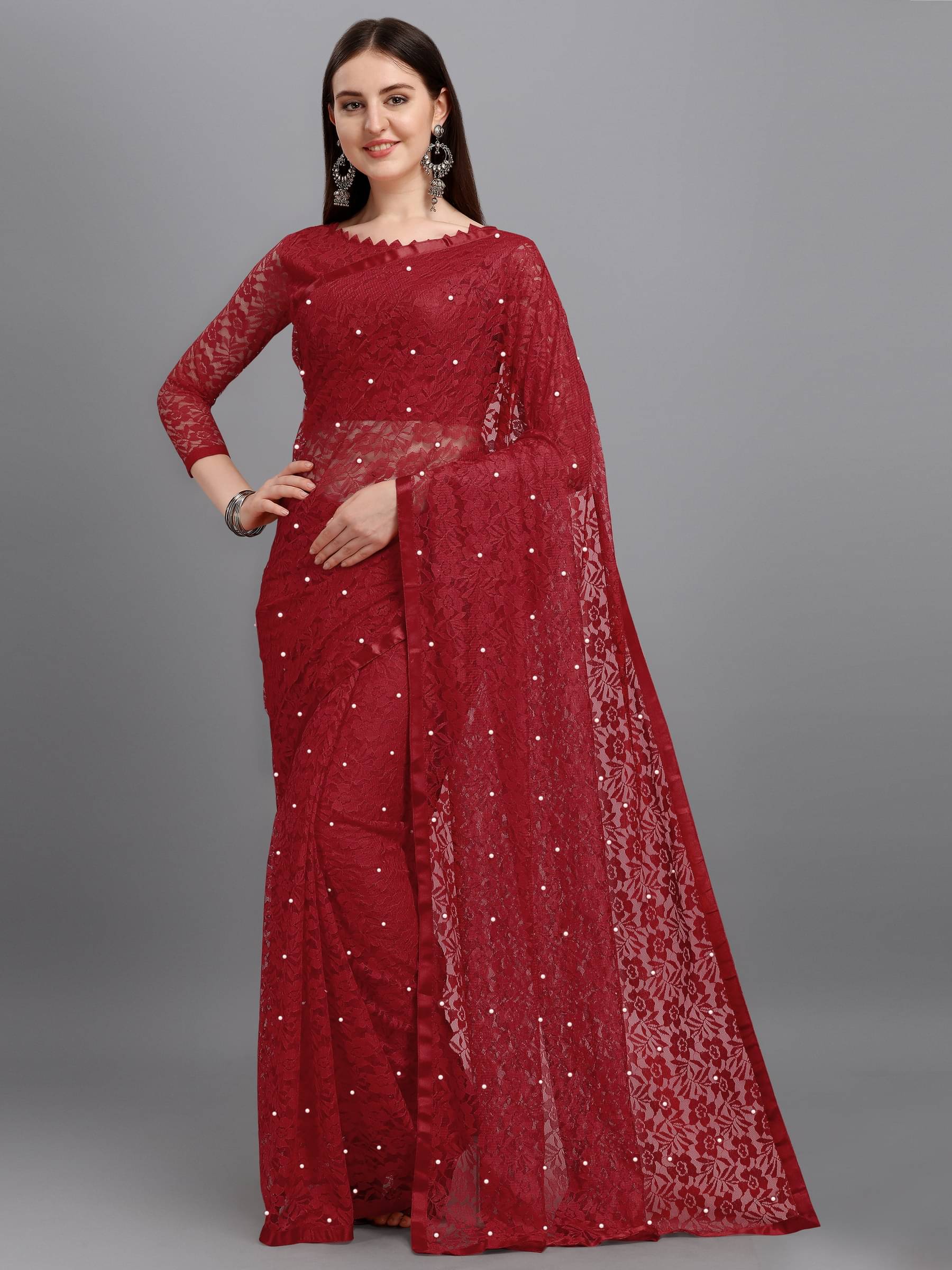 VANRAJ CREATION Net Self Design Saree With Unstitched Blouse Piece ( Maroon ) VANRAJ CREATION Net Self Design Saree With Unstitched Blouse Piece ( Maroon )