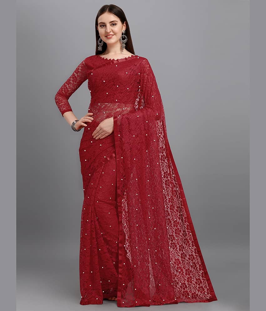 VANRAJ CREATION Net Self Design Saree With Unstitched Blouse Piece ( Maroon ) - Sarees | Buy online on ZillyBuy