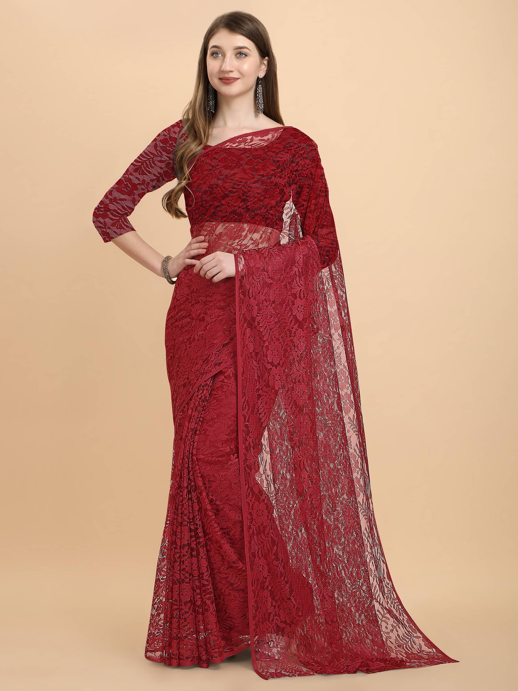 VANRAJ CREATION Net Self Design Saree With Unstitched Blouse Piece ( Maroon ) VANRAJ CREATION Net Self Design Saree With Unstitched Blouse Piece ( Maroon )