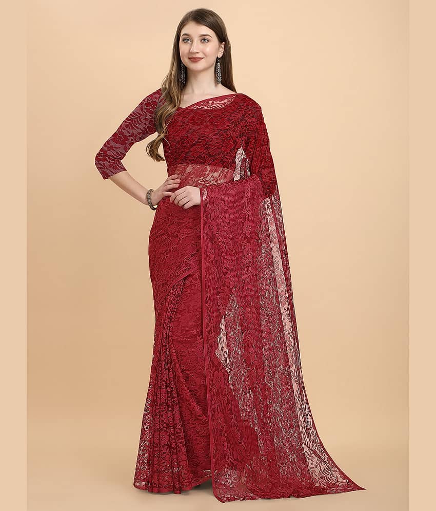 VANRAJ CREATION Net Self Design Saree With Unstitched Blouse Piece ( Maroon ) - Sarees | Buy online on ZillyBuy