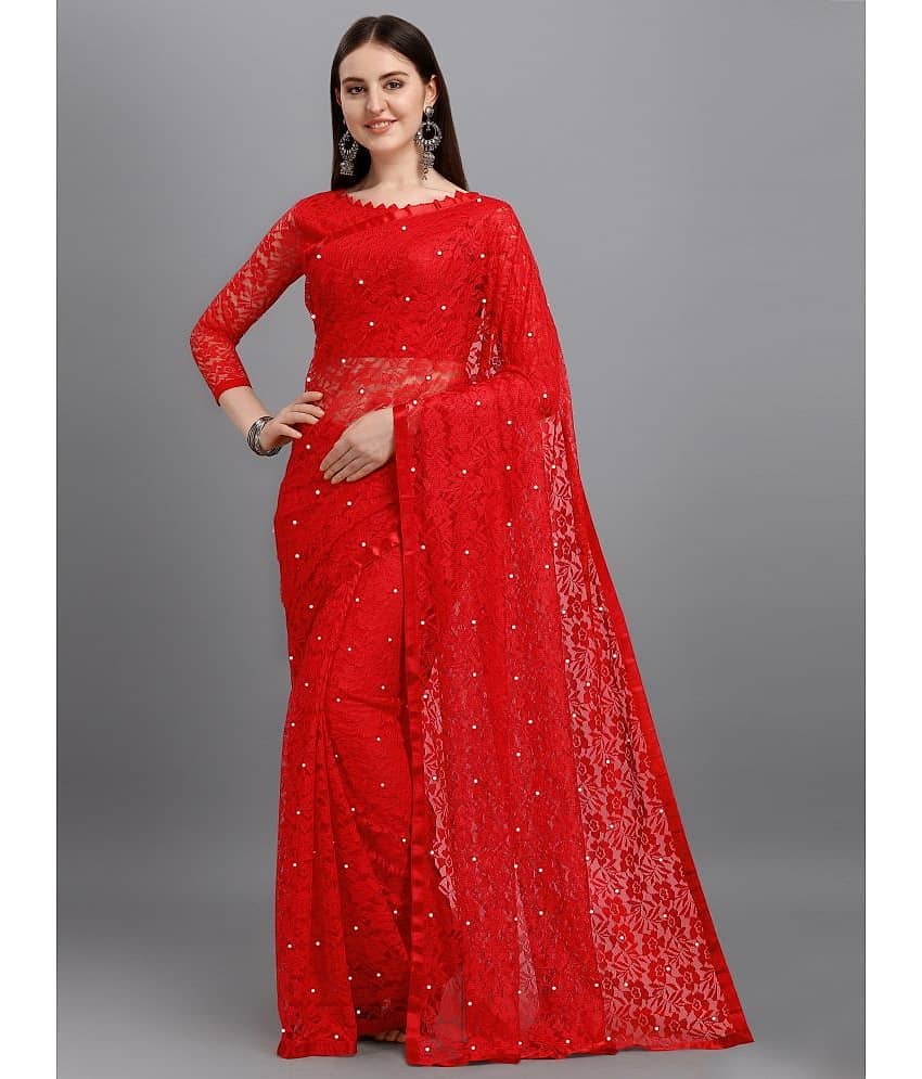 VANRAJ CREATION Net Self Design Saree With Unstitched Blouse Piece ( Red ) - Sarees | Buy online on ZillyBuy