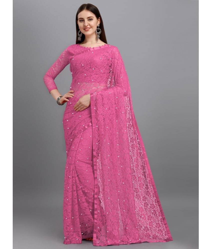     			VANRAJ CREATION Net Self Design Saree With Unstitched Blouse Piece ( Pink )
