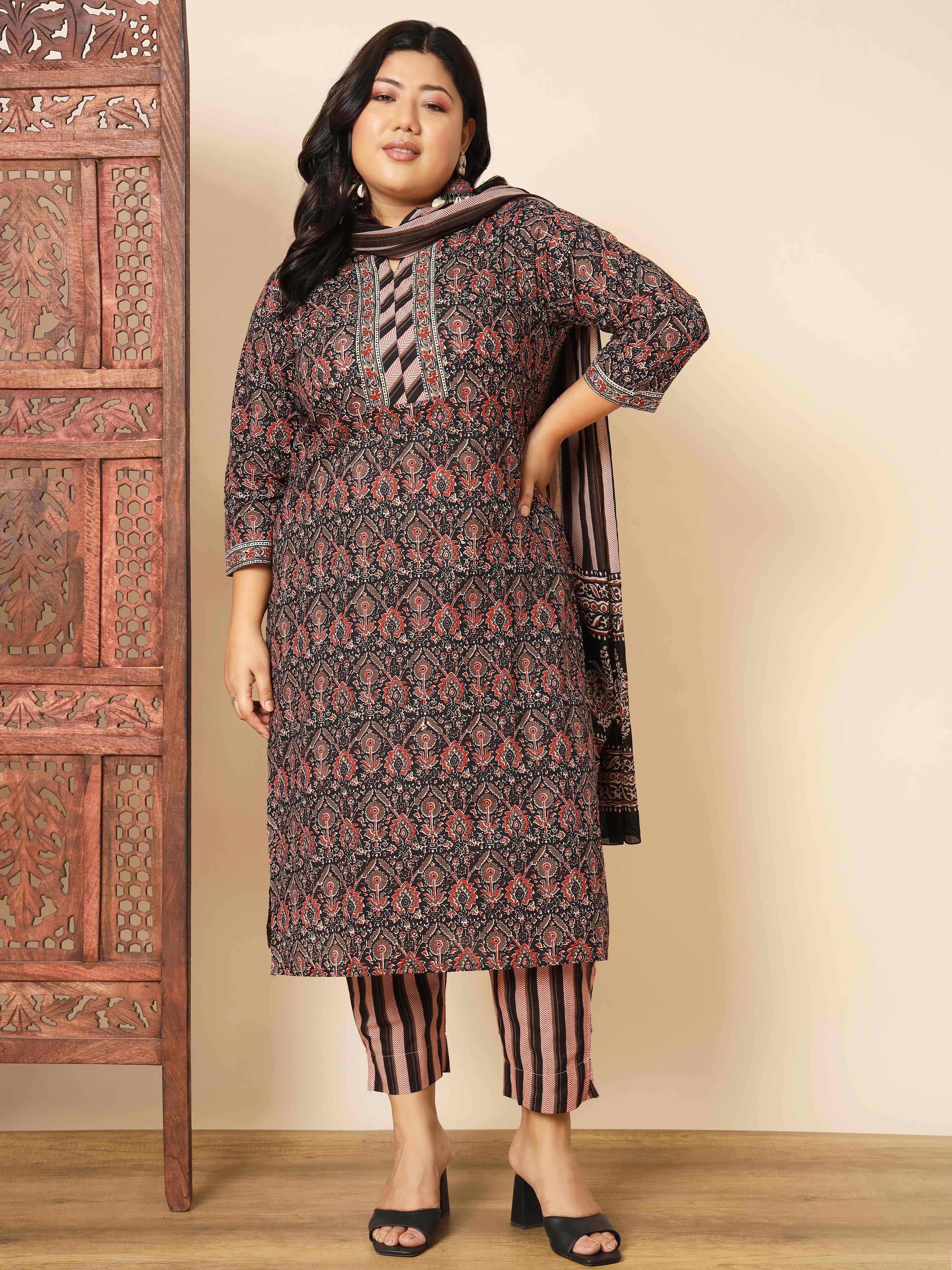 Vbuyz Cotton Printed Kurti With Pants Women's Stitched Salwar Suit - Brown ( Pack of 1 )