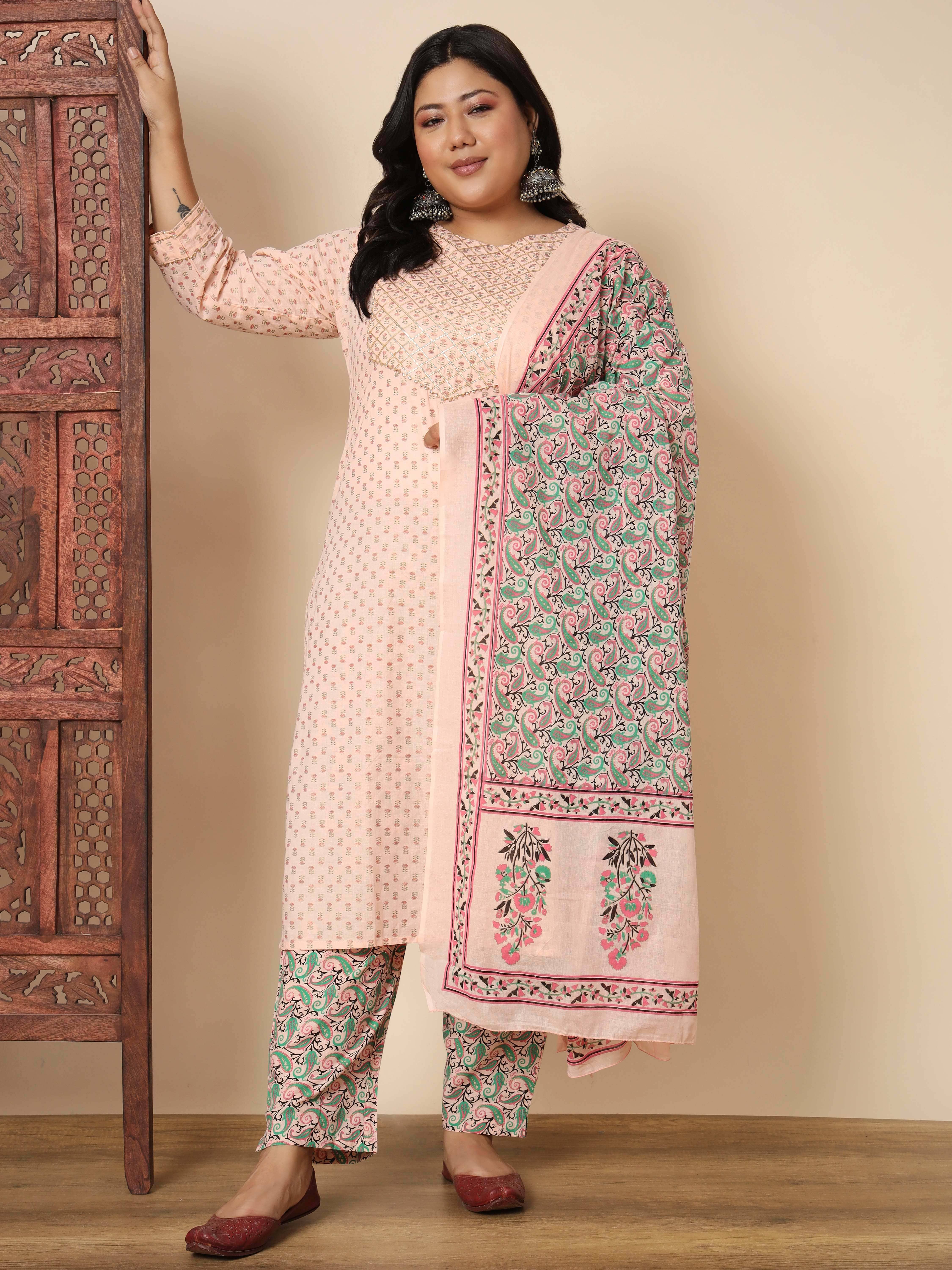 Vbuyz Cotton Printed Kurti With Pants Women's Stitched Salwar Suit - Peach ( Pack of 1 )