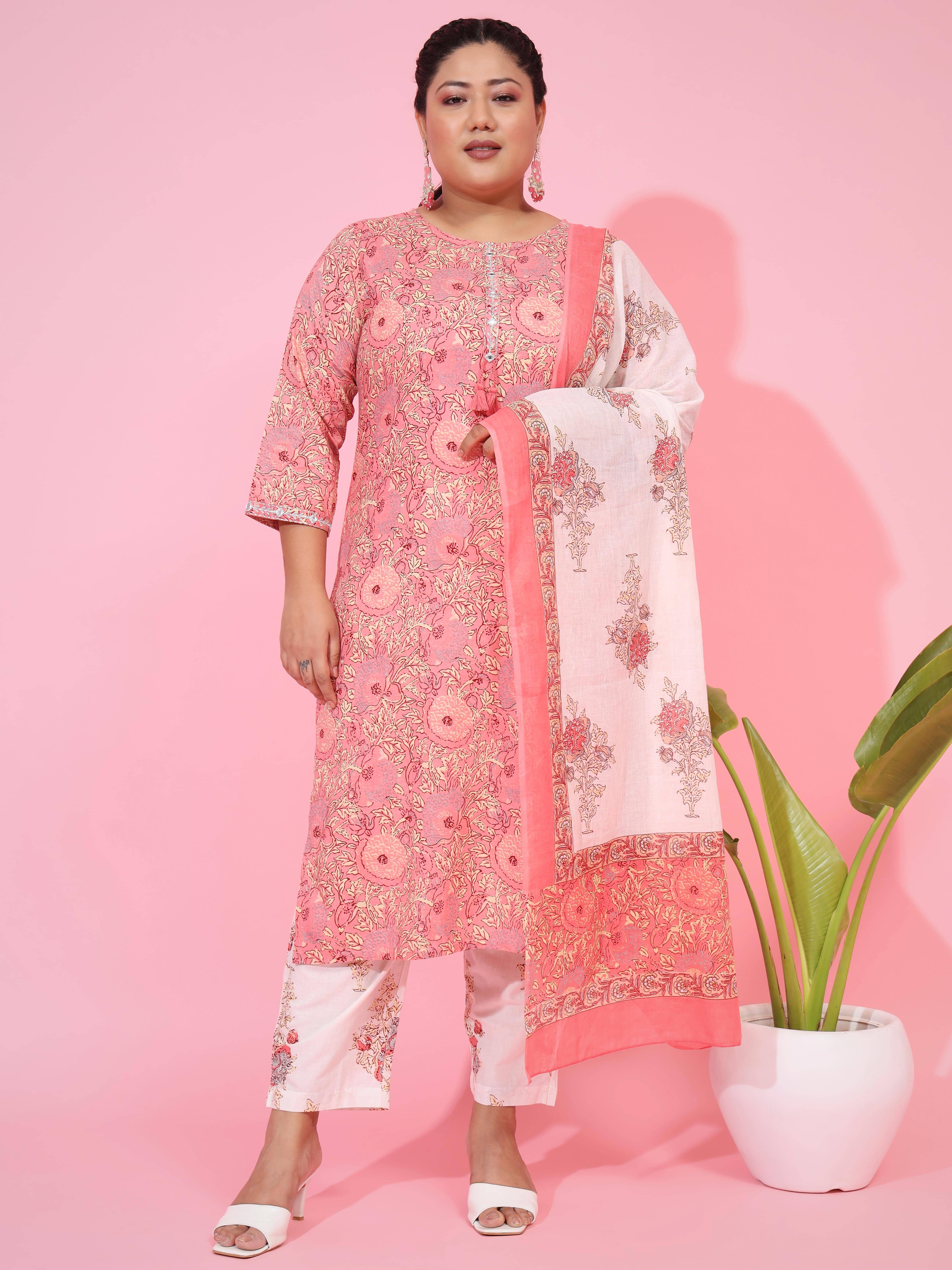 Vbuyz Cotton Printed Kurti With Pants Women's Stitched Salwar Suit - Pink ( Pack of 1 )