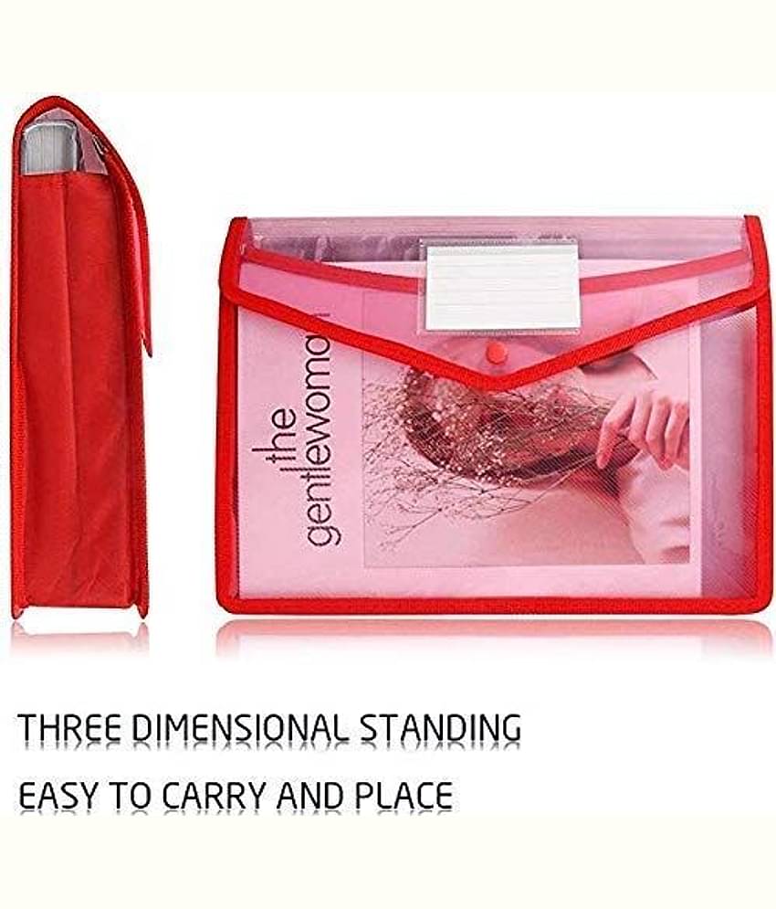 Kataria A4 Transparent Poly-Plastic Envelope File Folder Storage Bag With Snap Button Set Of 5 (Set Of 5, Blue Black Yellow Green Red)