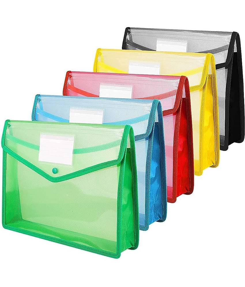 Kataria A4 Transparent Poly-Plastic Envelope File Folder Storage Bag With Snap Button Set Of 5 (Set Of 5, Blue Black Yellow Green Red)