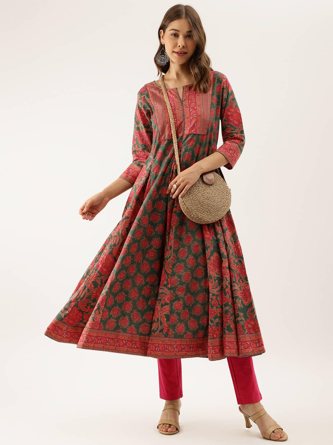 Divena Cotton Printed Anarkali Women's Kurti - Green ( Pack of 1 ) - Kurtis, Tunics | Buy online on ZillyBuy