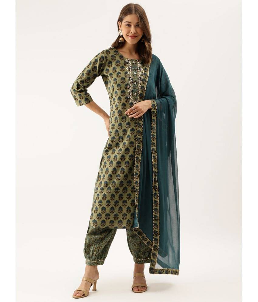 Divena Cotton Printed Kurti With Pants Women's Stitched Salwar Suit - Green ( Pack of 1 ) Divena Cotton Printed Kurti With Pants Women's Stitched Salwar Suit - Green ( Pack of 1 )