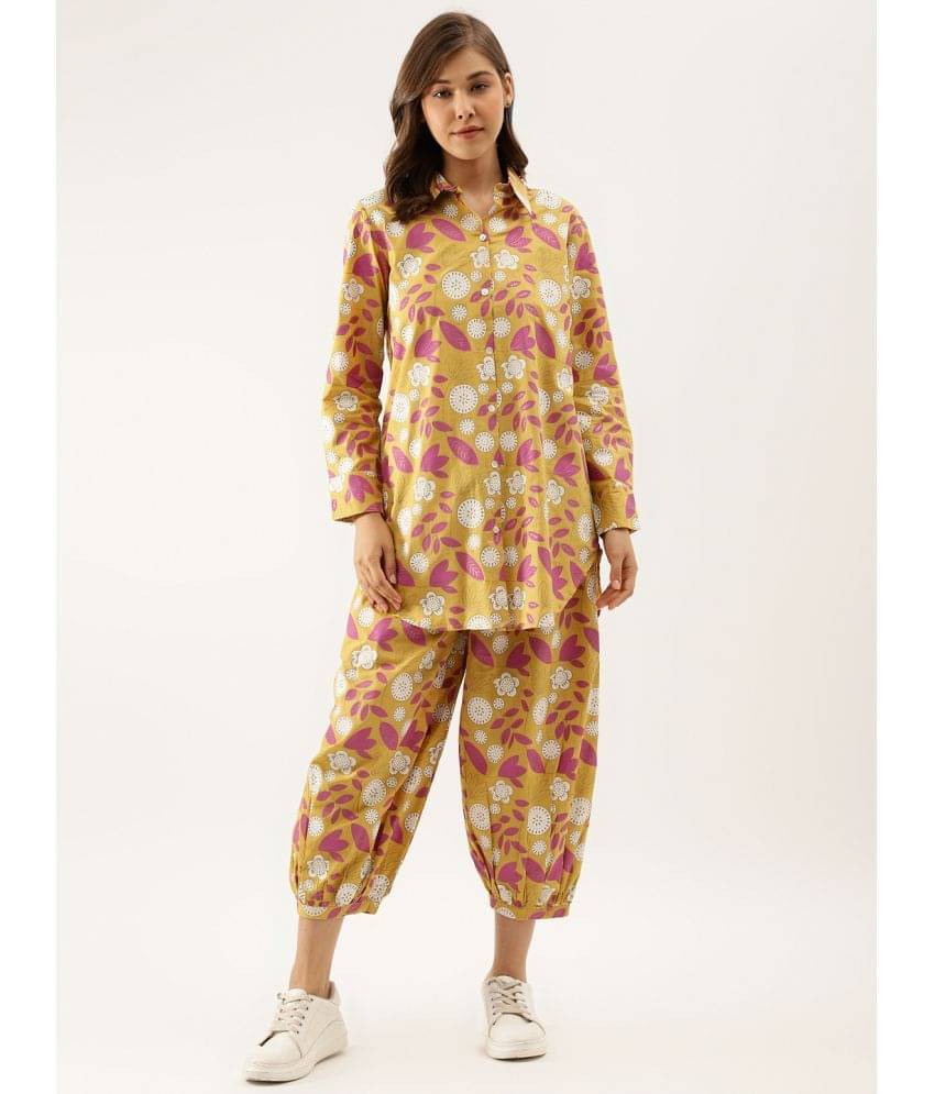     			Divena Cotton Printed Kurti With Pants Women's Stitched Salwar Suit - Mustard ( Pack of 1 )