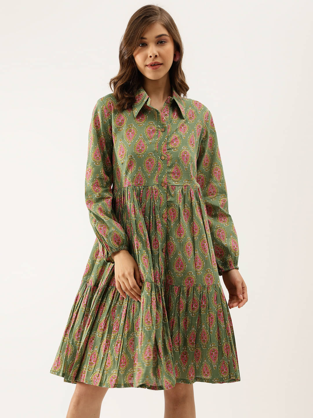 Divena Women Cotton Printed Fit & Flare Dress ( Green ) Divena Women Cotton Printed Fit & Flare Dress ( Green )