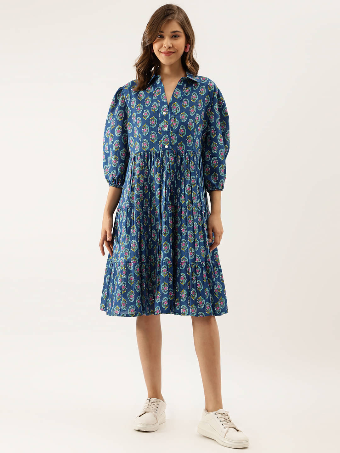 Divena Women Cotton Printed Fit & Flare Dress ( Blue ) Divena Women Cotton Printed Fit & Flare Dress ( Blue )
