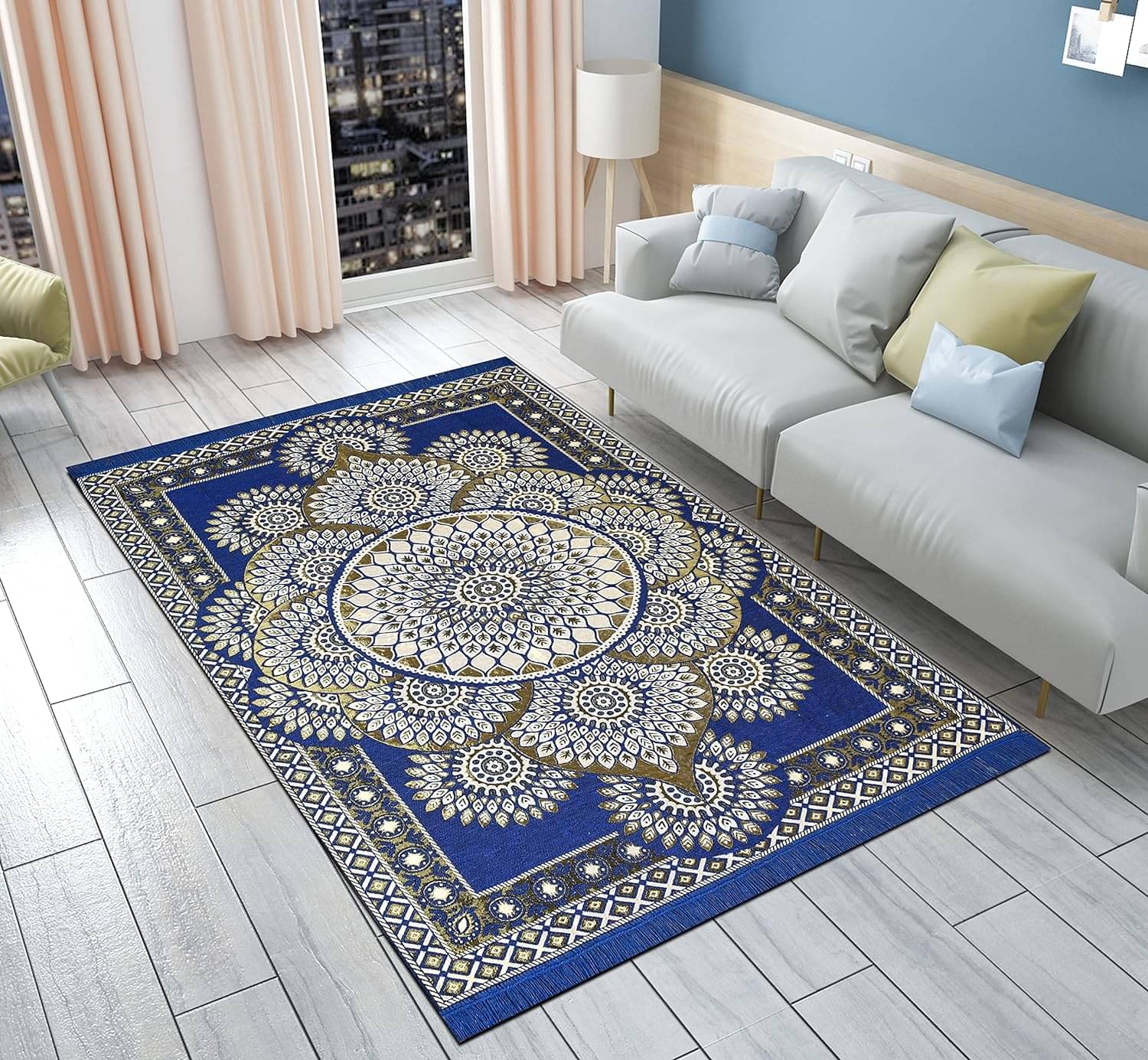 FURNISHING HUT Blue Polyester Carpet Traditional 5x7 Ft FURNISHING HUT Blue Polyester Carpet Traditional 5x7 Ft