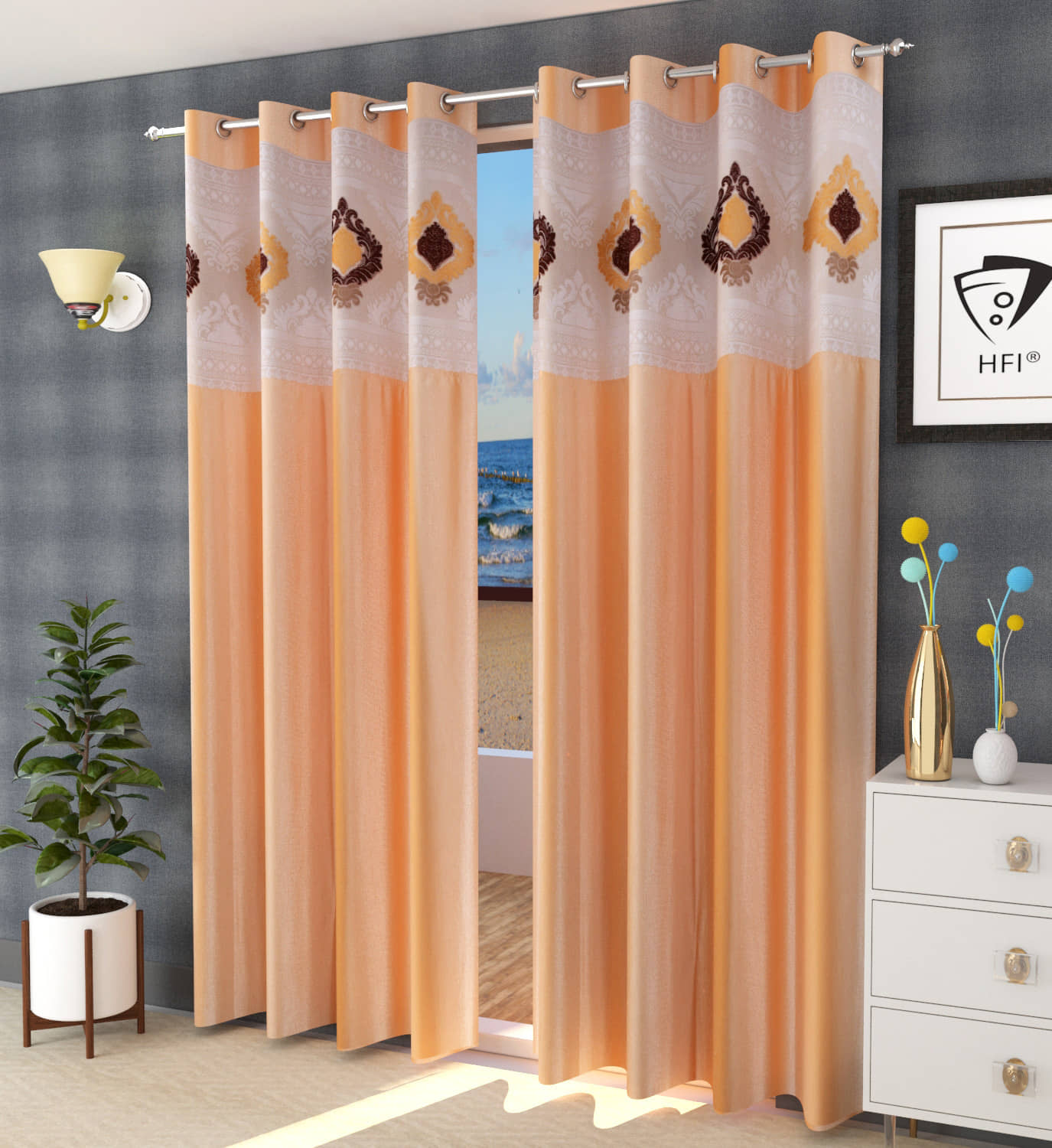 Homefab India Ethnic Semi-Transparent Eyelet Curtain 7 ft ( Pack of 2 ) - Beige