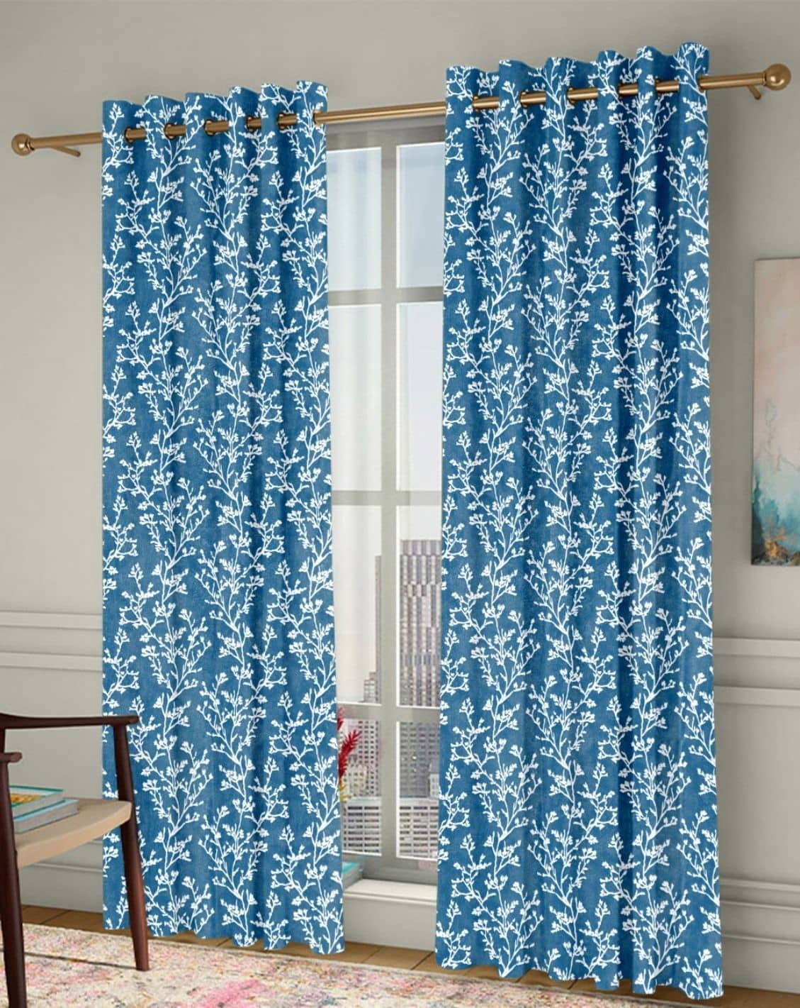 Homefab India Floral Room Darkening Eyelet Curtain 5 ft ( Pack of 2 ) - Blue