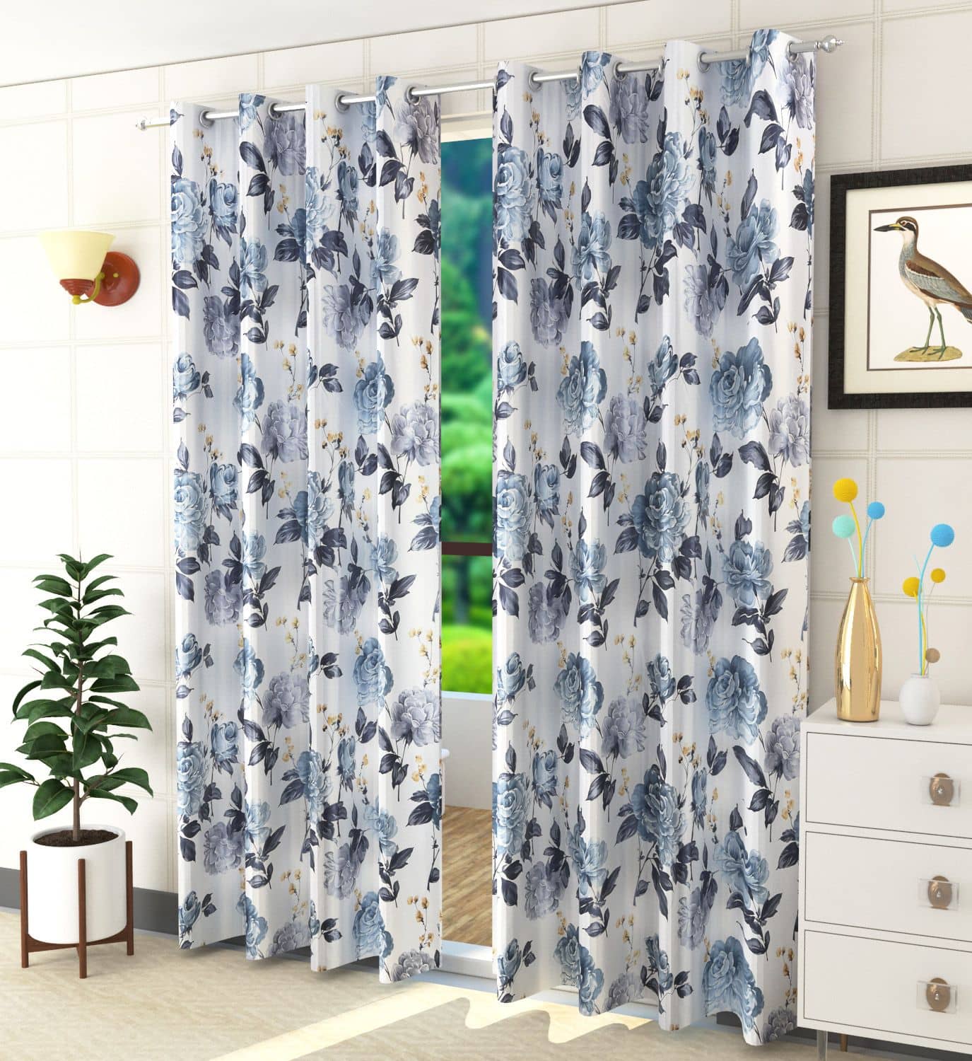 Homefab India Floral Room Darkening Eyelet Curtain 5 ft ( Pack of 2 ) - Light Grey