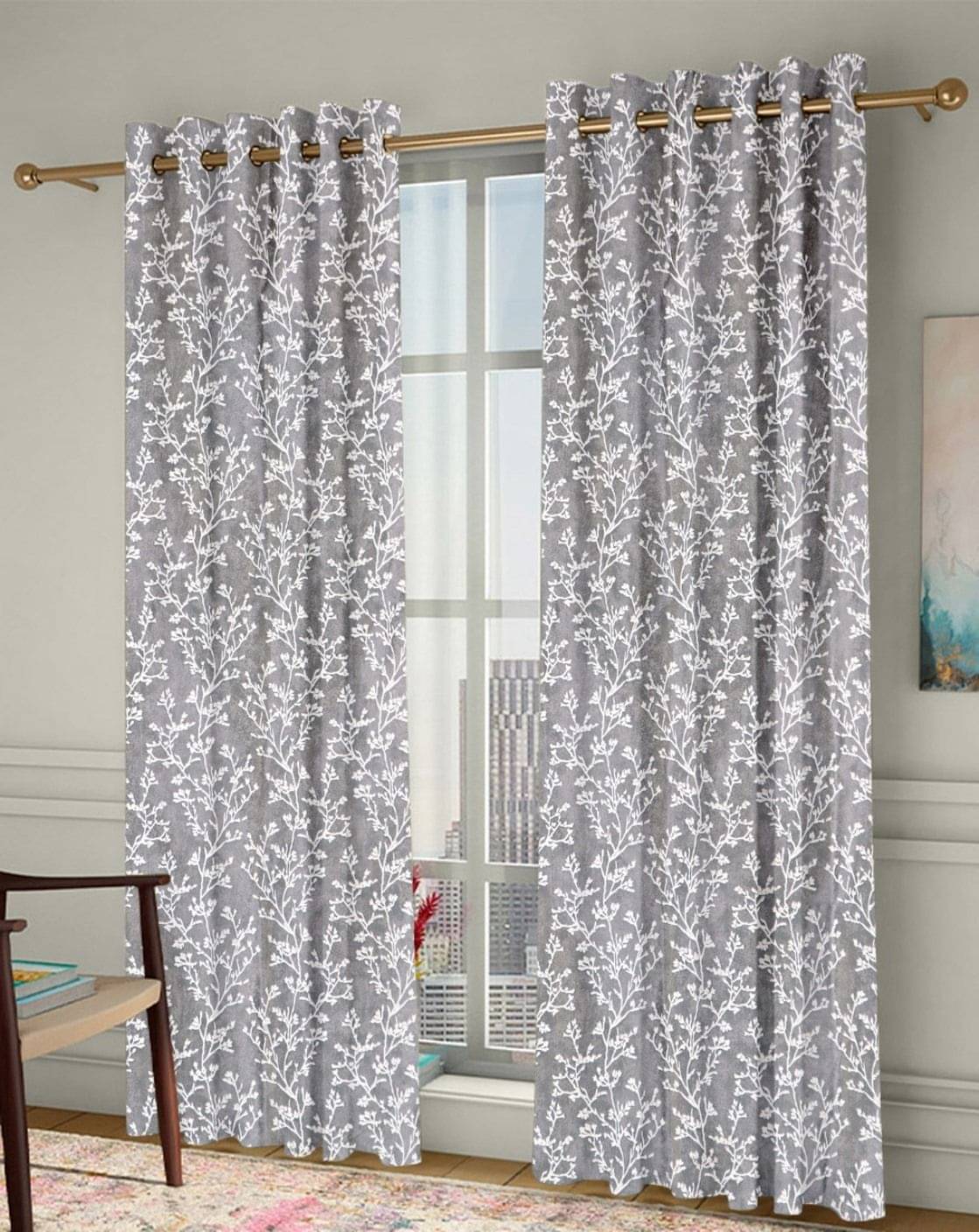     			Homefab India Floral Room Darkening Eyelet Curtain 5 ft ( Pack of 2 ) - Light Grey