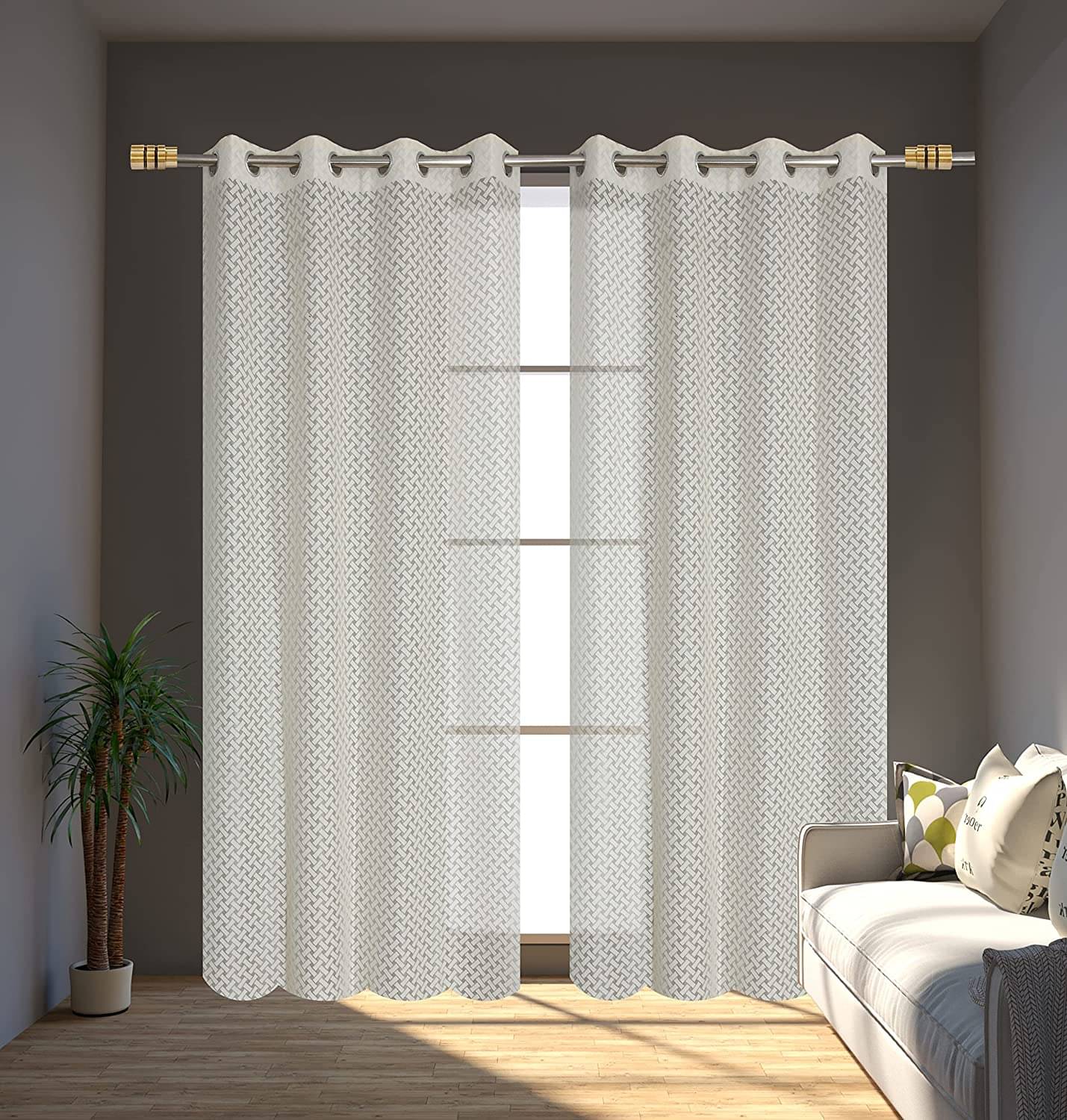    			Homefab India Small Checks Sheer Eyelet Curtain 5 ft ( Pack of 2 ) - Cream