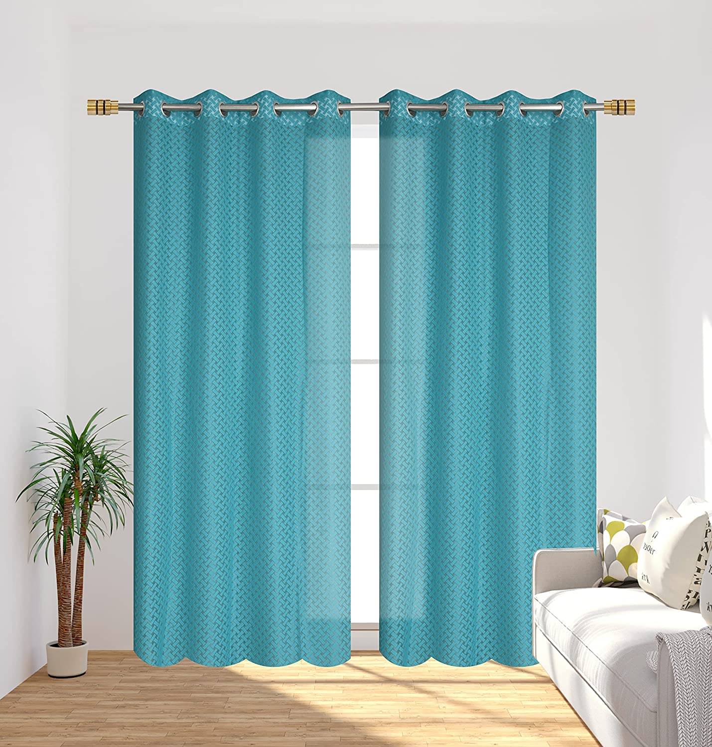     			Homefab India Small Checks Sheer Eyelet Curtain 5 ft ( Pack of 2 ) - Turquoise