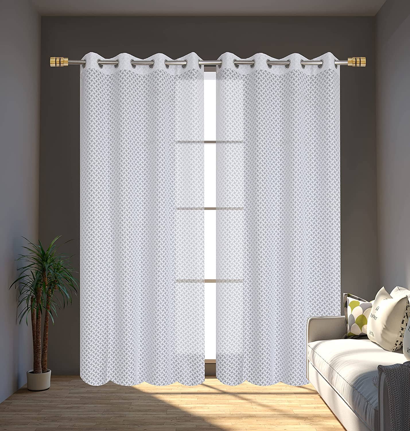 Homefab India Small Checks Sheer Eyelet Curtain 9 ft ( Pack of 2 ) - White