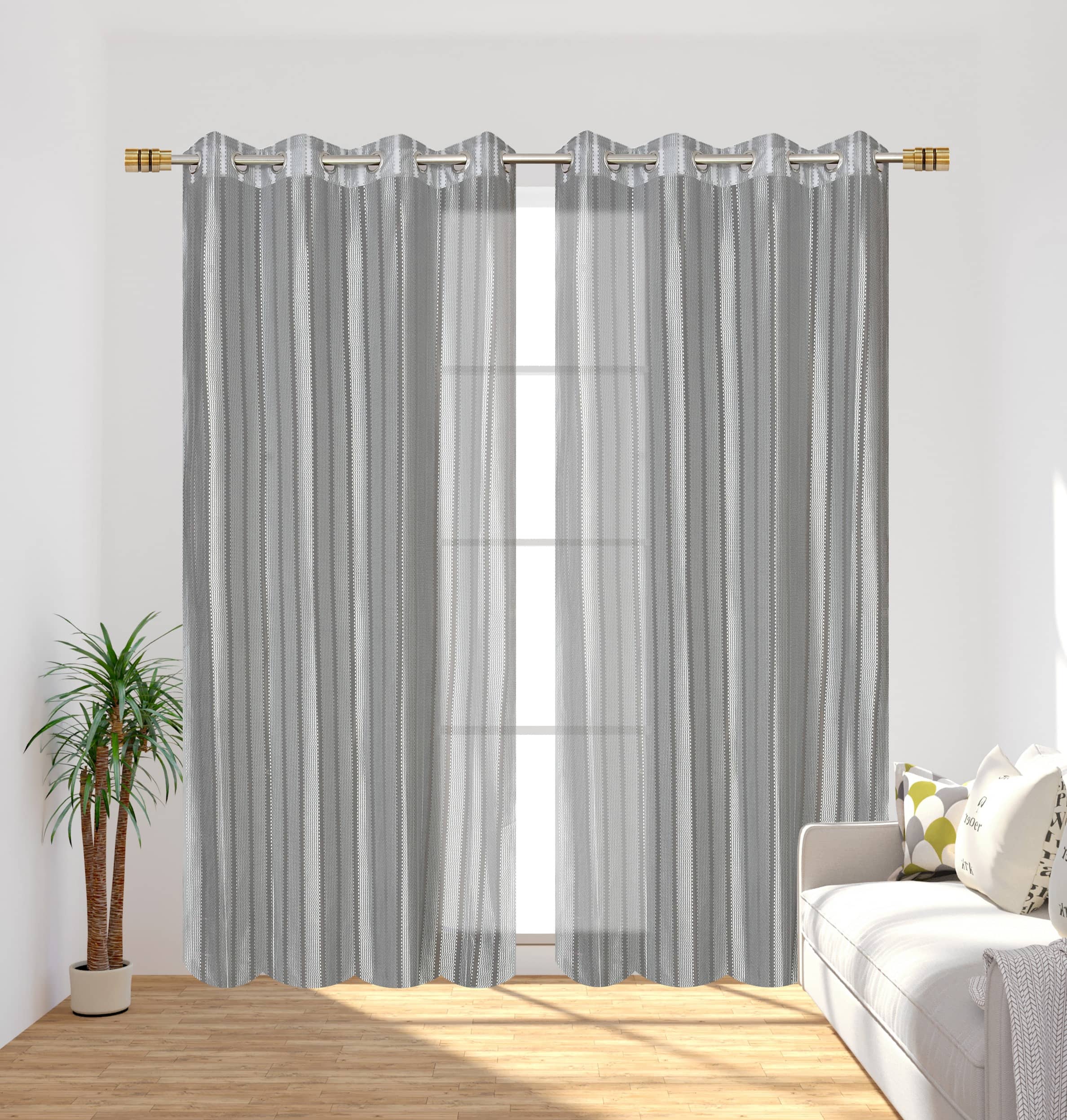 Homefab India Vertical Striped Sheer Eyelet Curtain 9 ft ( Pack of 2 ) - Light Grey