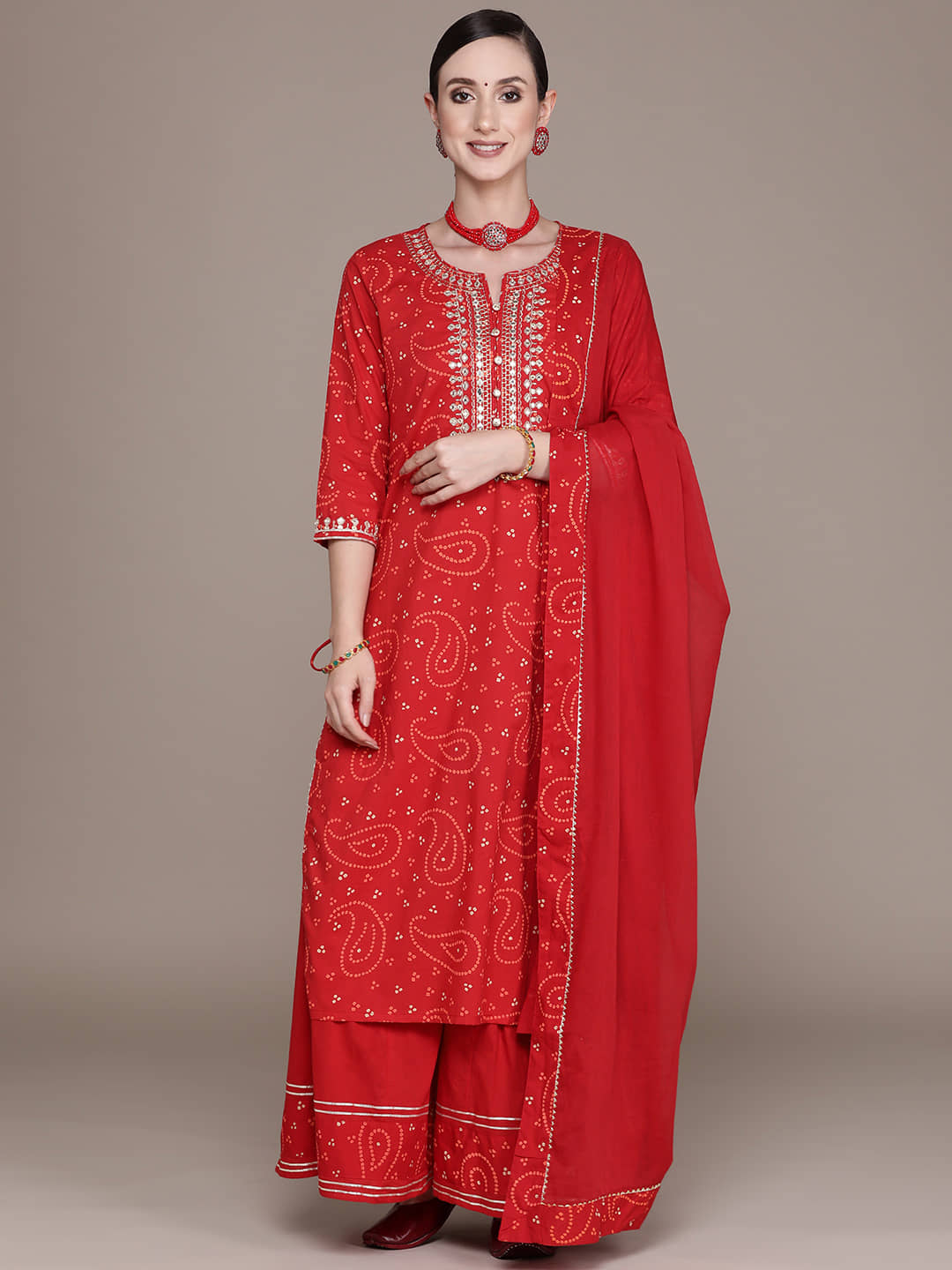 Ishin Cotton Embroidered Ethnic Top With Pants Women's Stitched Salwar Suit - Red ( Pack of 1 )