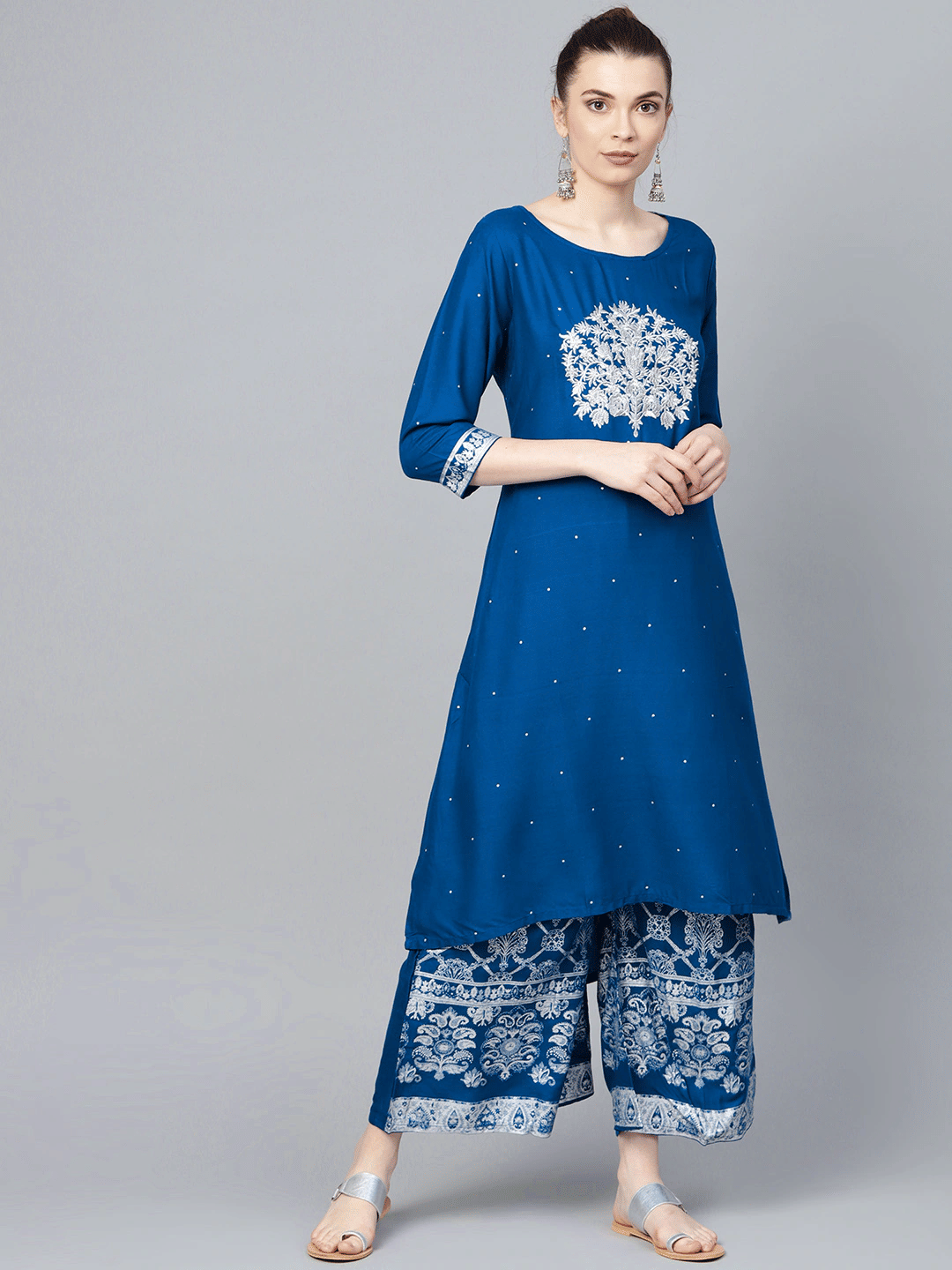 Ishin Rayon Embroidered Ethnic Top With Pants Women's Stitched Salwar Suit - Blue ( Pack of 1 )