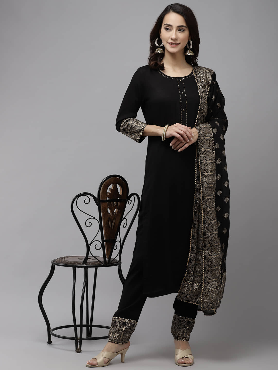 Ishin Rayon Solid Ethnic Top With Pants Women's Stitched Salwar Suit - Black ( Pack of 1 )