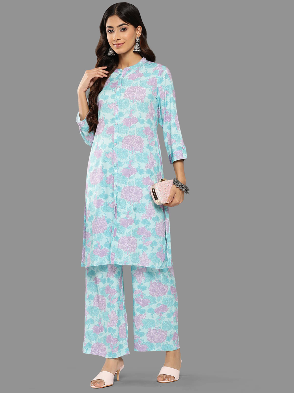 Janasya Women Printed Straight Kurti With Palazzo ( Blue ) Janasya Women Printed Straight Kurti With Palazzo ( Blue )