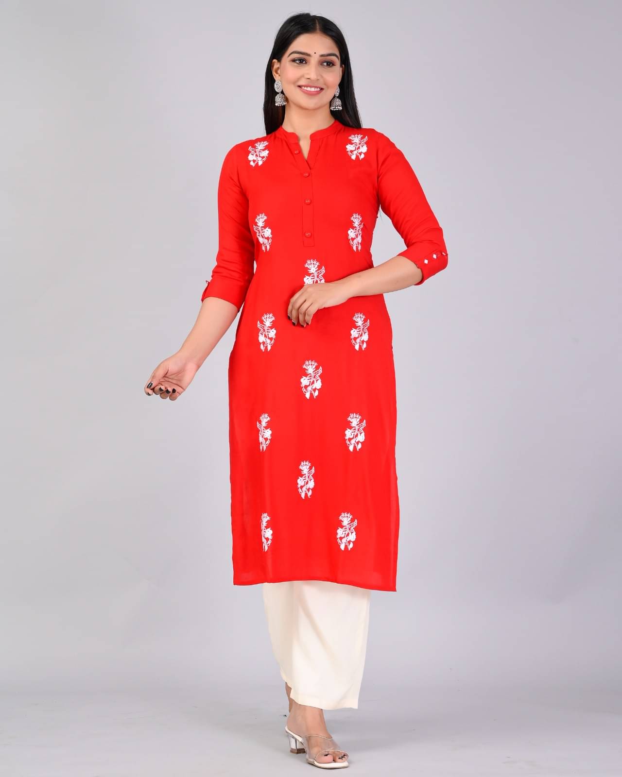 MAUKA Rayon Embroidered Kurti With Palazzo Women's Stitched Salwar Suit - Red ( Pack of 1 )     			MAUKA Rayon Embroidered Kurti With Palazzo Women's Stitched Salwar Suit - Red ( Pack of 1 )