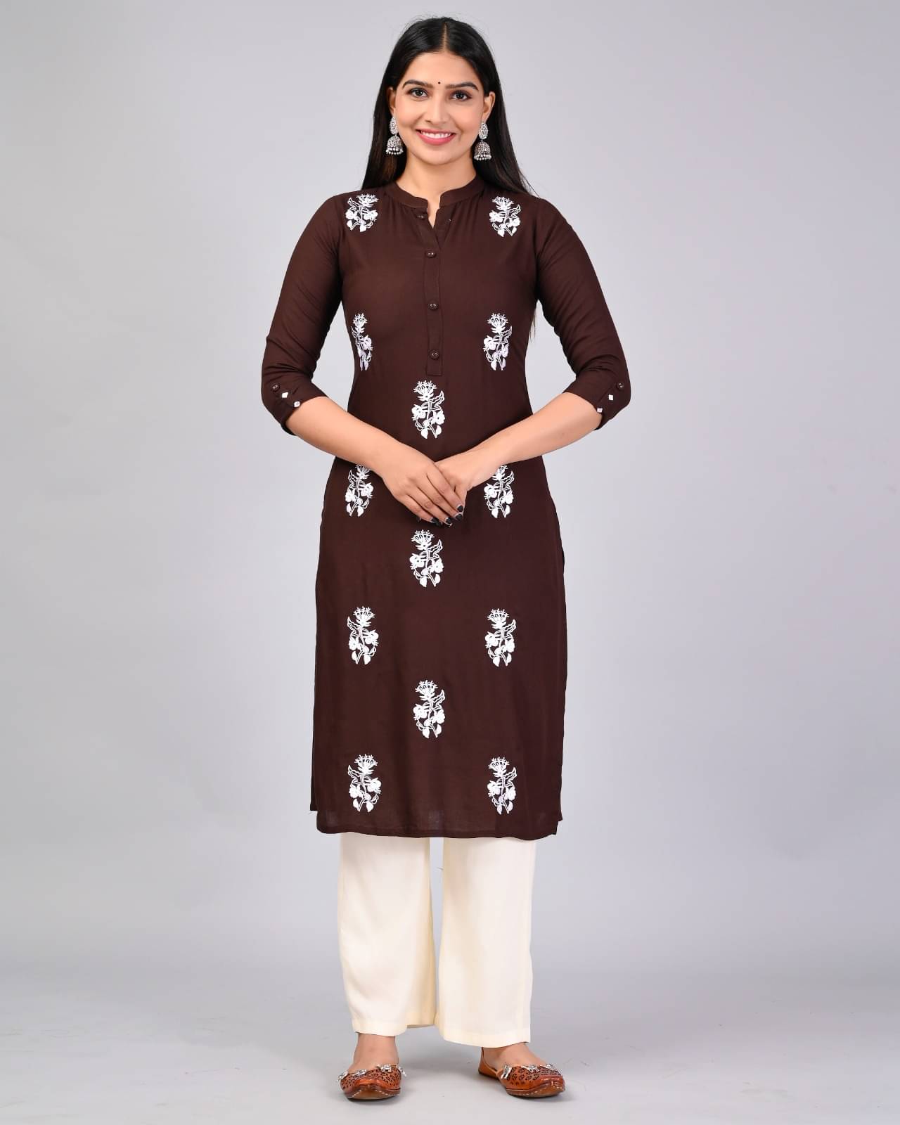     			MAUKA Rayon Embroidered Kurti With Palazzo Women's Stitched Salwar Suit - Brown ( Pack of 1 )